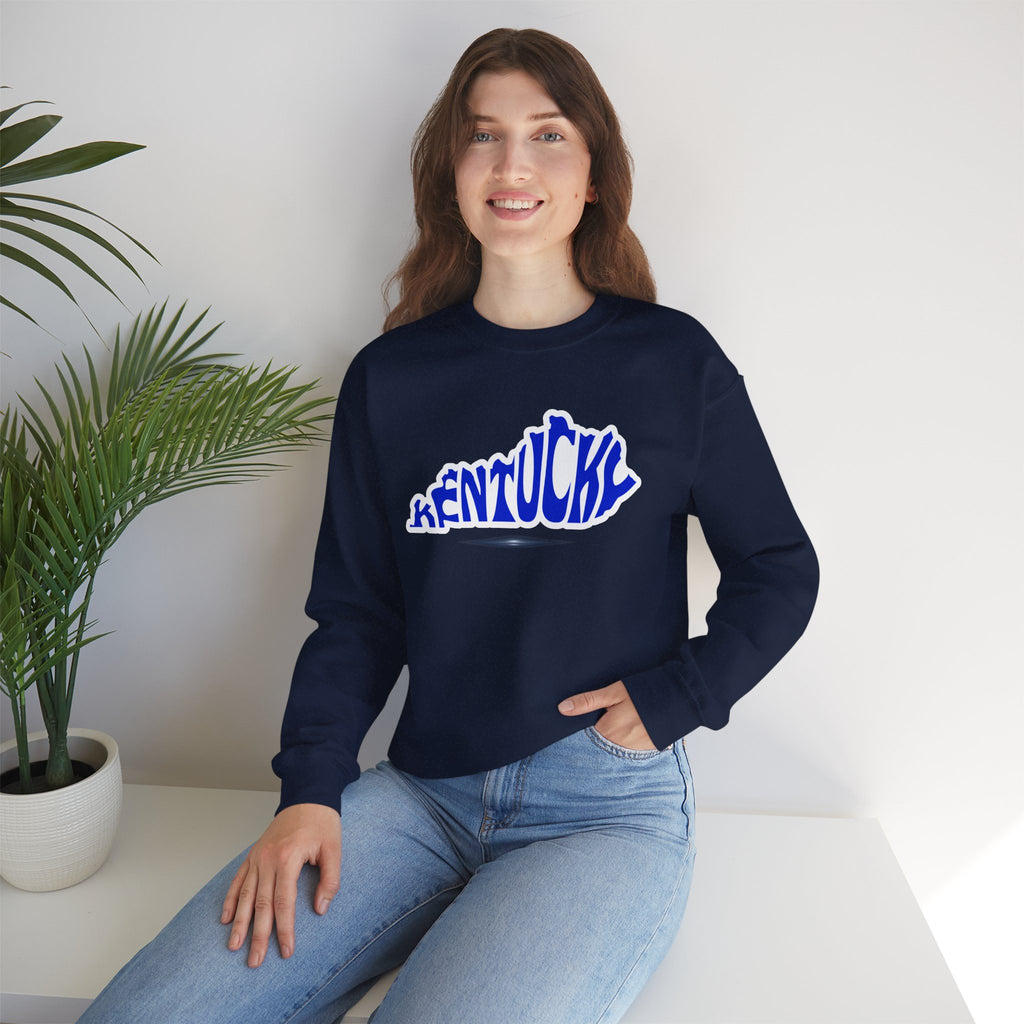 Kentucky State Outline Crewneck Sweatshirt — Blue 'Kentucky' Typography