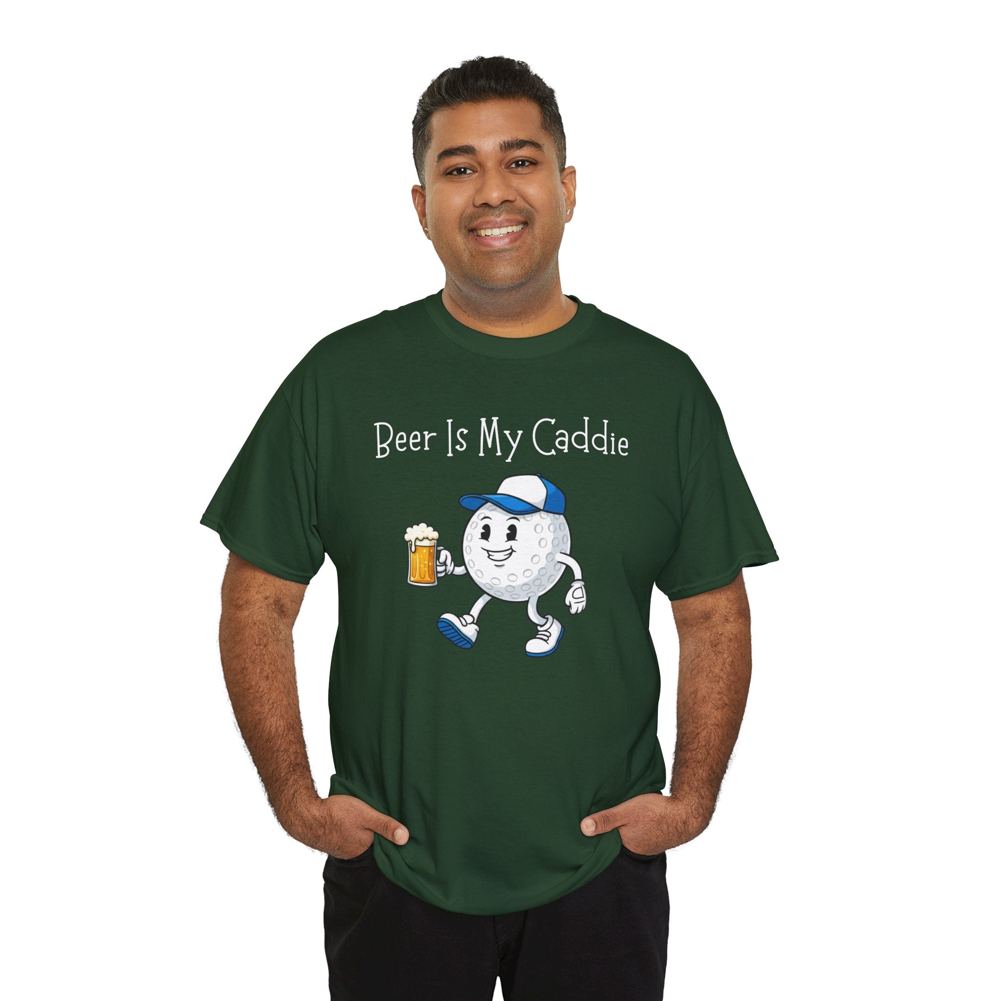 Golf Ball Cartoon Tee — "Beer Is My Caddie" Funny Golf Shirt