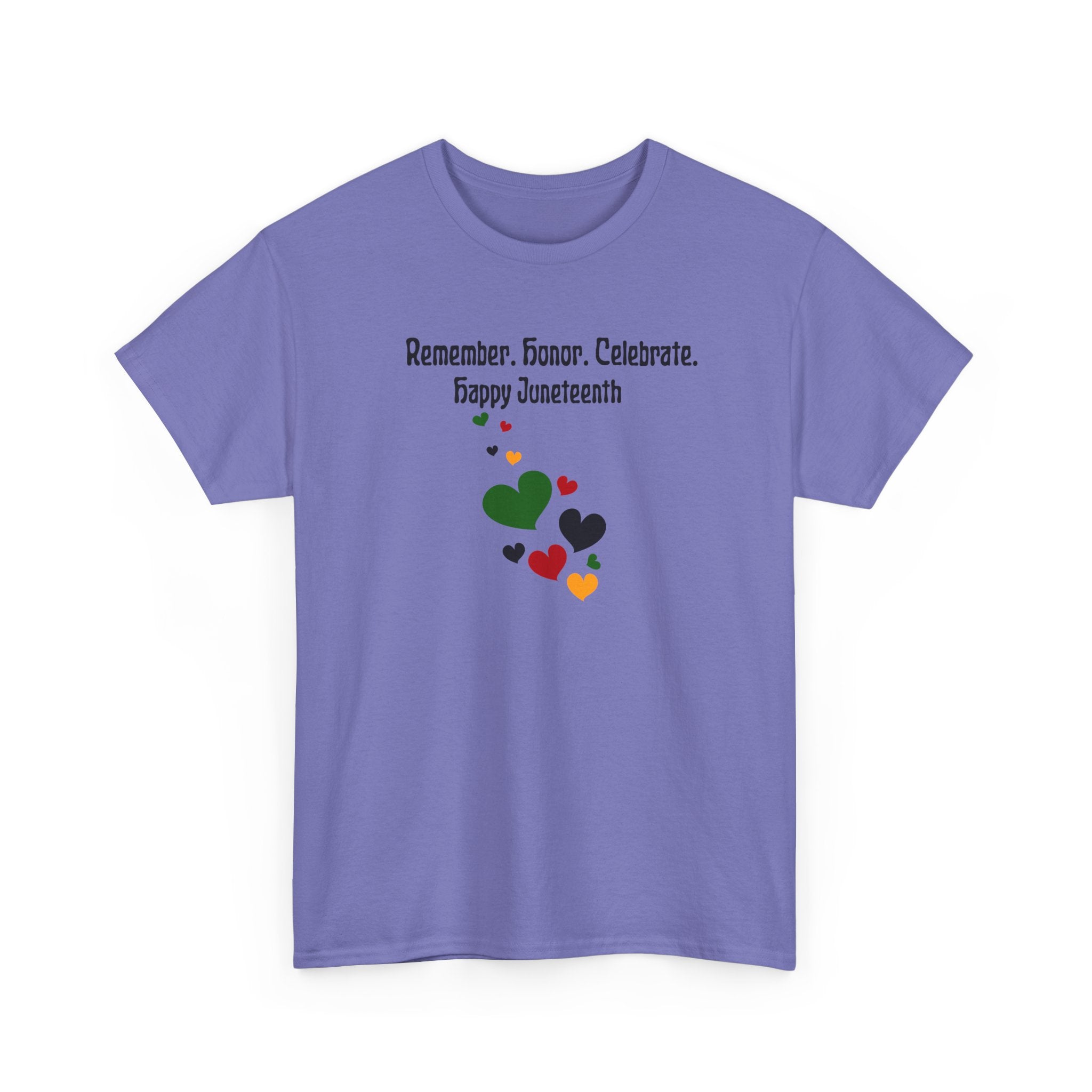 Juneteenth Celebration T‑Shirt — "Remember. Honor. Celebrate. Happy Juneteenth" with Pan-African Heart Design