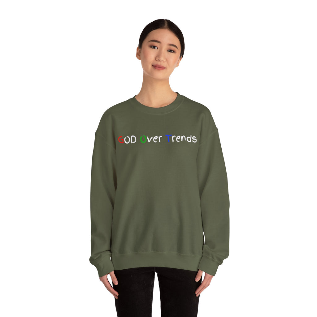 Crewneck Sweatshirt — "GOD over Trends" Colorful Faith Graphic