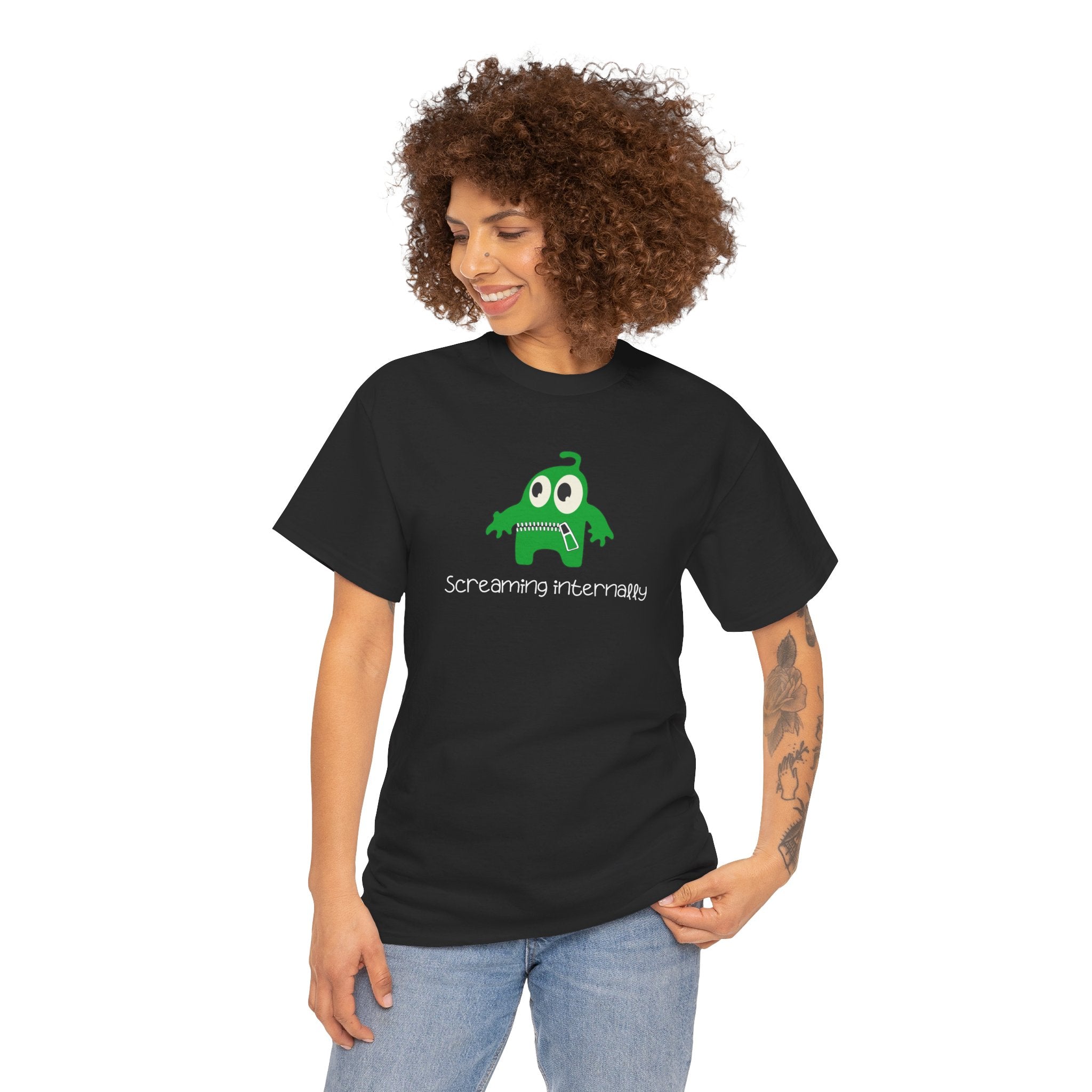 Screaming Internally Tee — Cute Green Monster Graphic Shirt