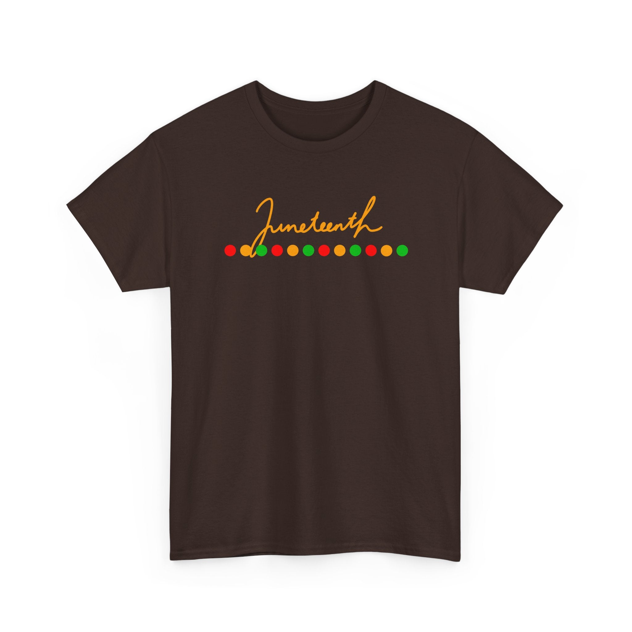 Juneteenth Script Tee — Juneteenth Celebration T-Shirt with Red, Green & Gold Dot Accent