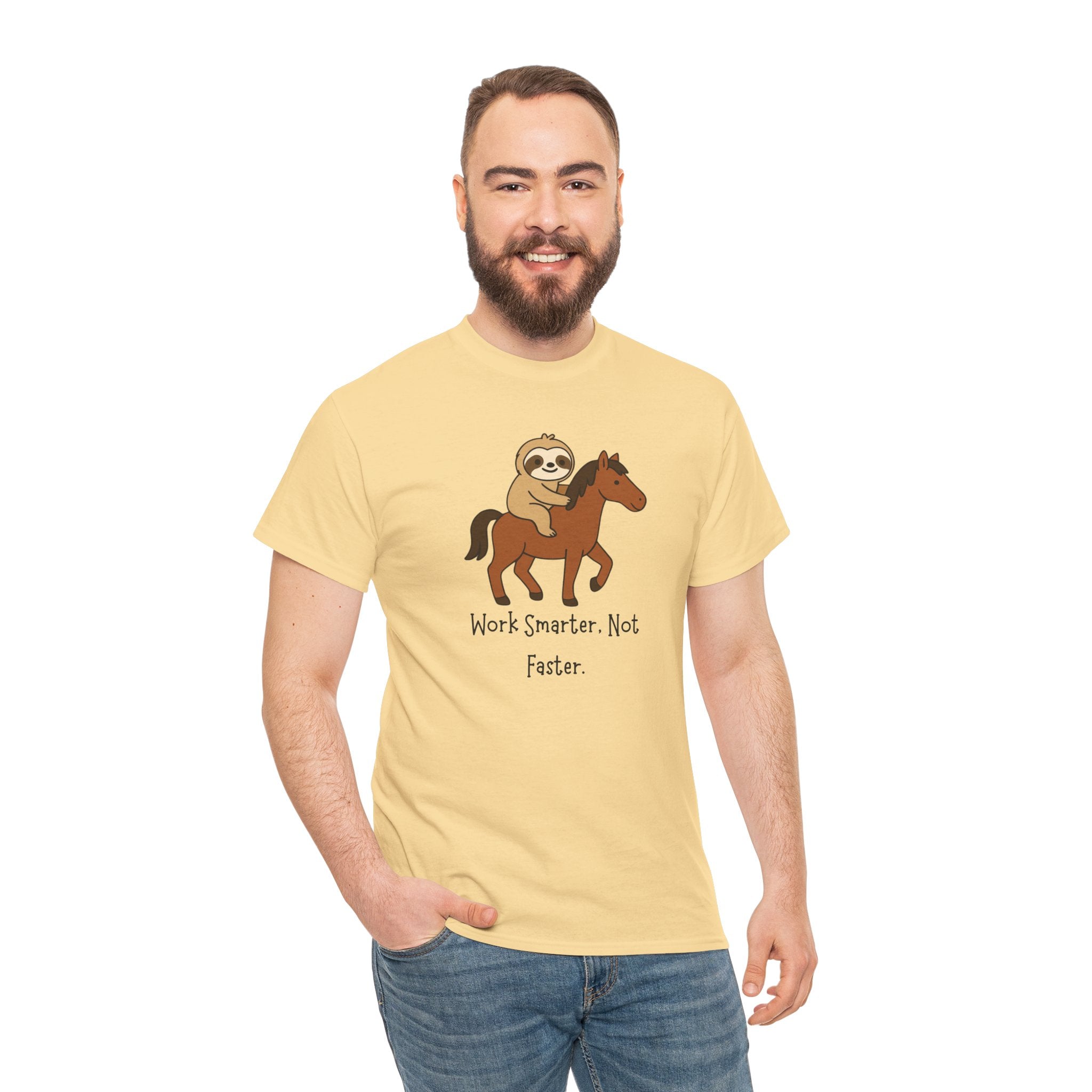 Sloth on Horse Tee — "Work Smarter, Not Faster" Cute Casual Graphic T-Shirt