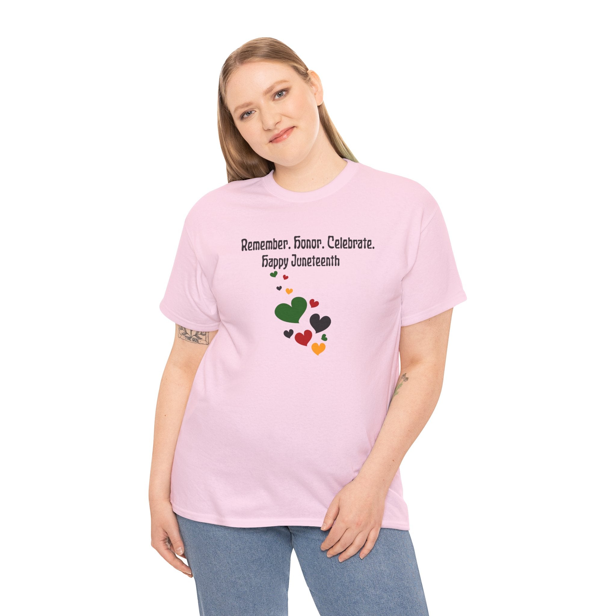 Juneteenth Celebration T‑Shirt — "Remember. Honor. Celebrate. Happy Juneteenth" with Pan-African Heart Design