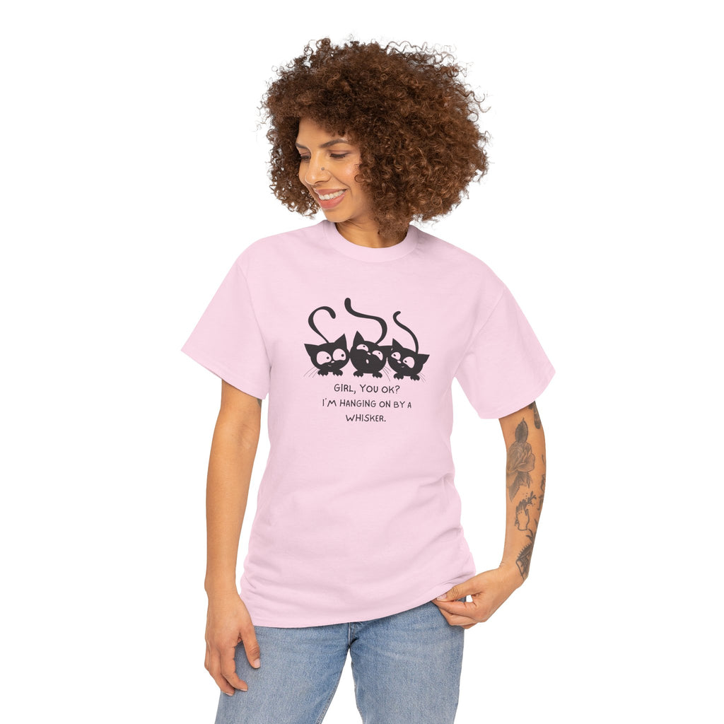 Cat Trio T‑Shirt – “Girl, You OK? I’m Hanging On By A Whisper” Cute Cat Graphic Tee
