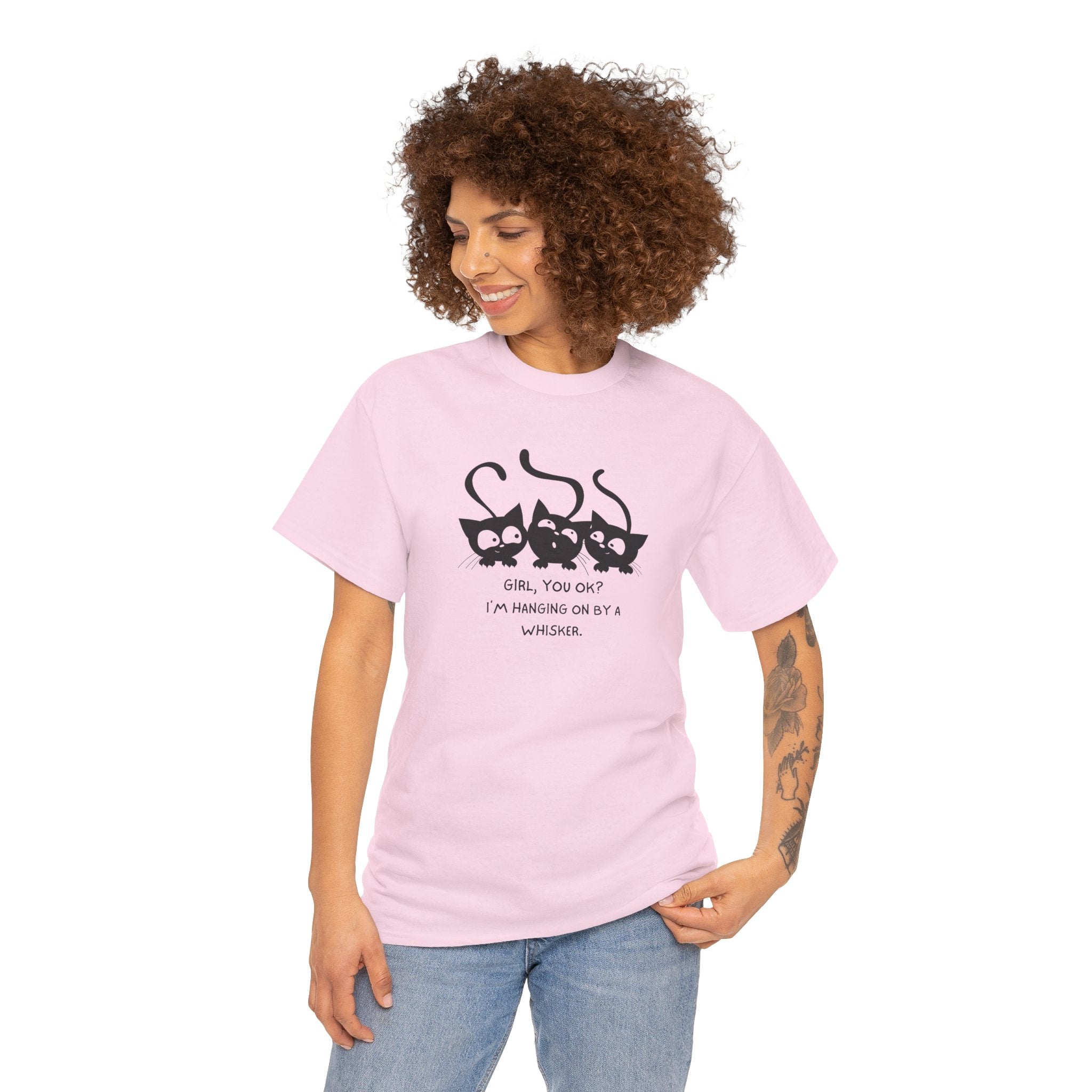 Cat Trio T‑Shirt – “Girl, You OK? I’m Hanging On By A Whisper” Cute Cat Graphic Tee