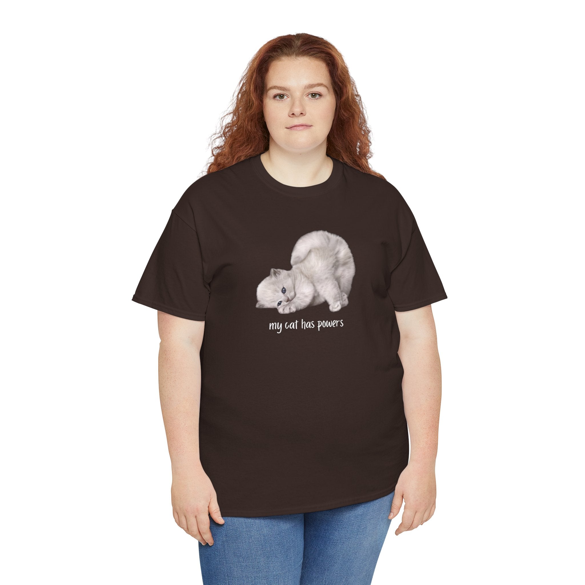 Cat T-Shirt – "My Cat Has Powers" Cute Stretching Cat Graphic Tee