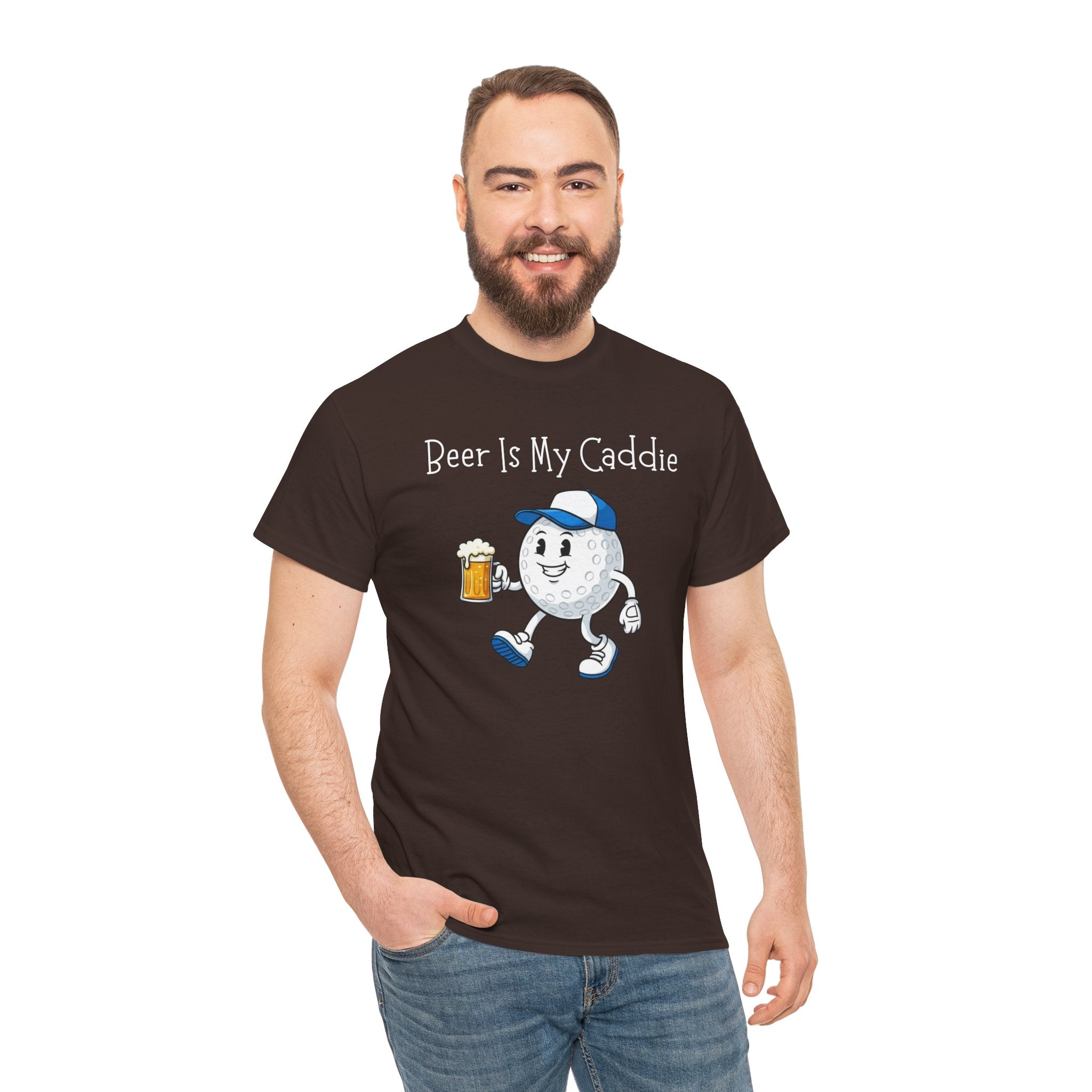 Golf Ball Cartoon Tee — "Beer Is My Caddie" Funny Golf Shirt