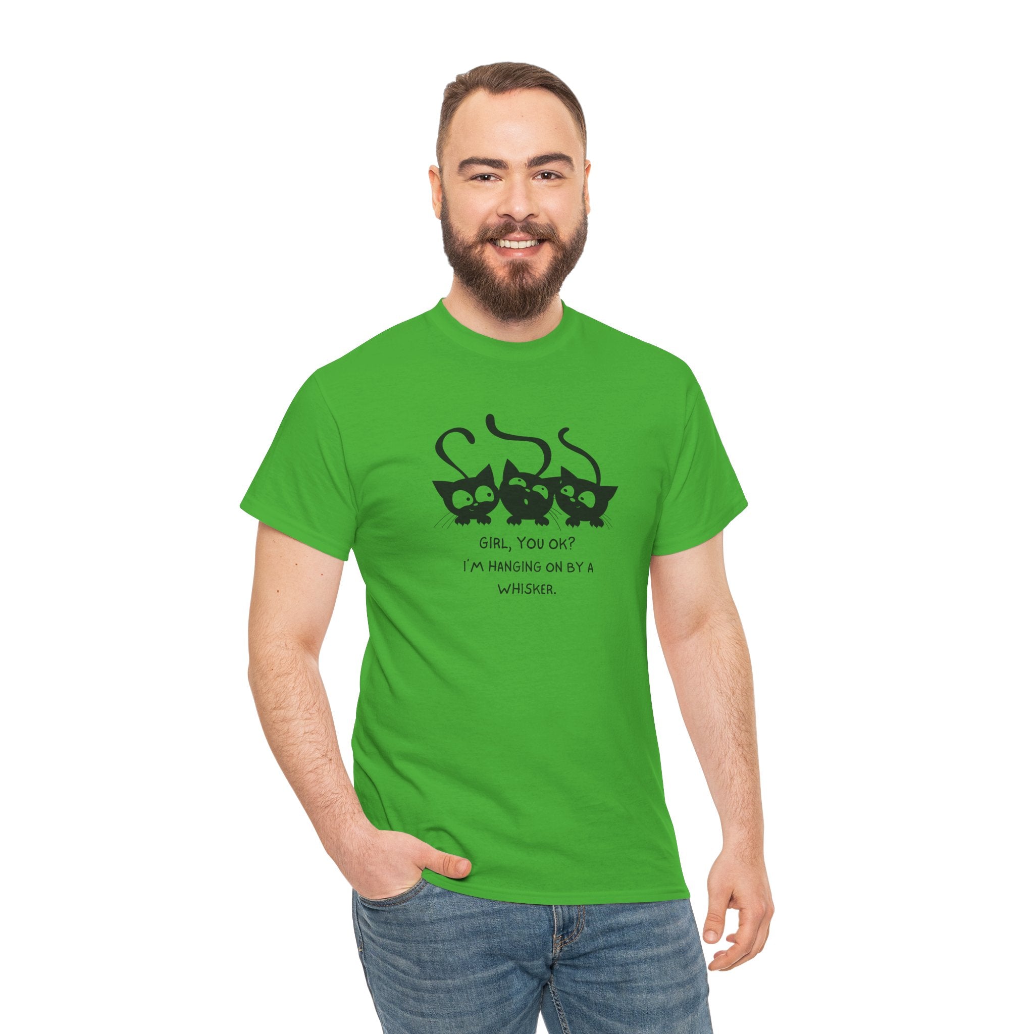 Cat Trio T‑Shirt – “Girl, You OK? I’m Hanging On By A Whisper” Cute Cat Graphic Tee