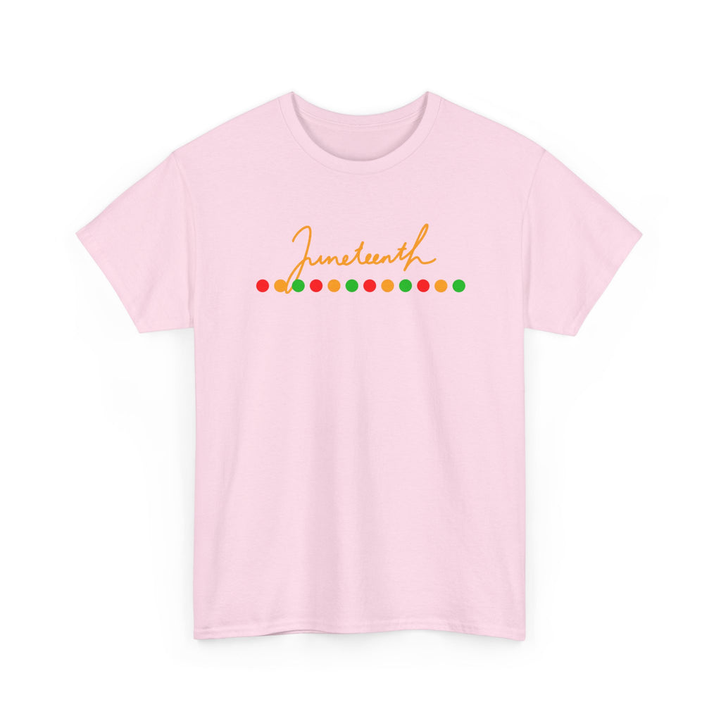Juneteenth Script Tee — Juneteenth Celebration T-Shirt with Red, Green & Gold Dot Accent