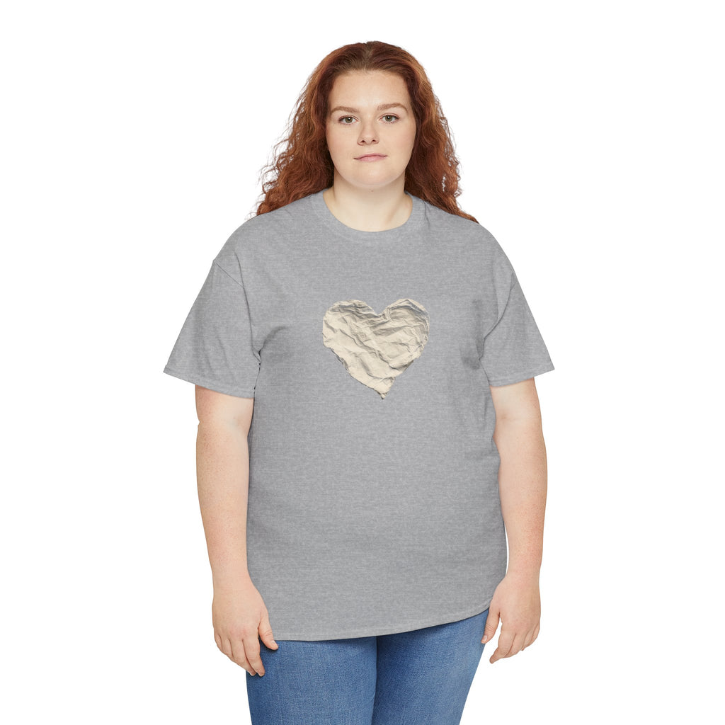 Crinkled Paper Heart Tee - Minimalist White Cotton Shirt
