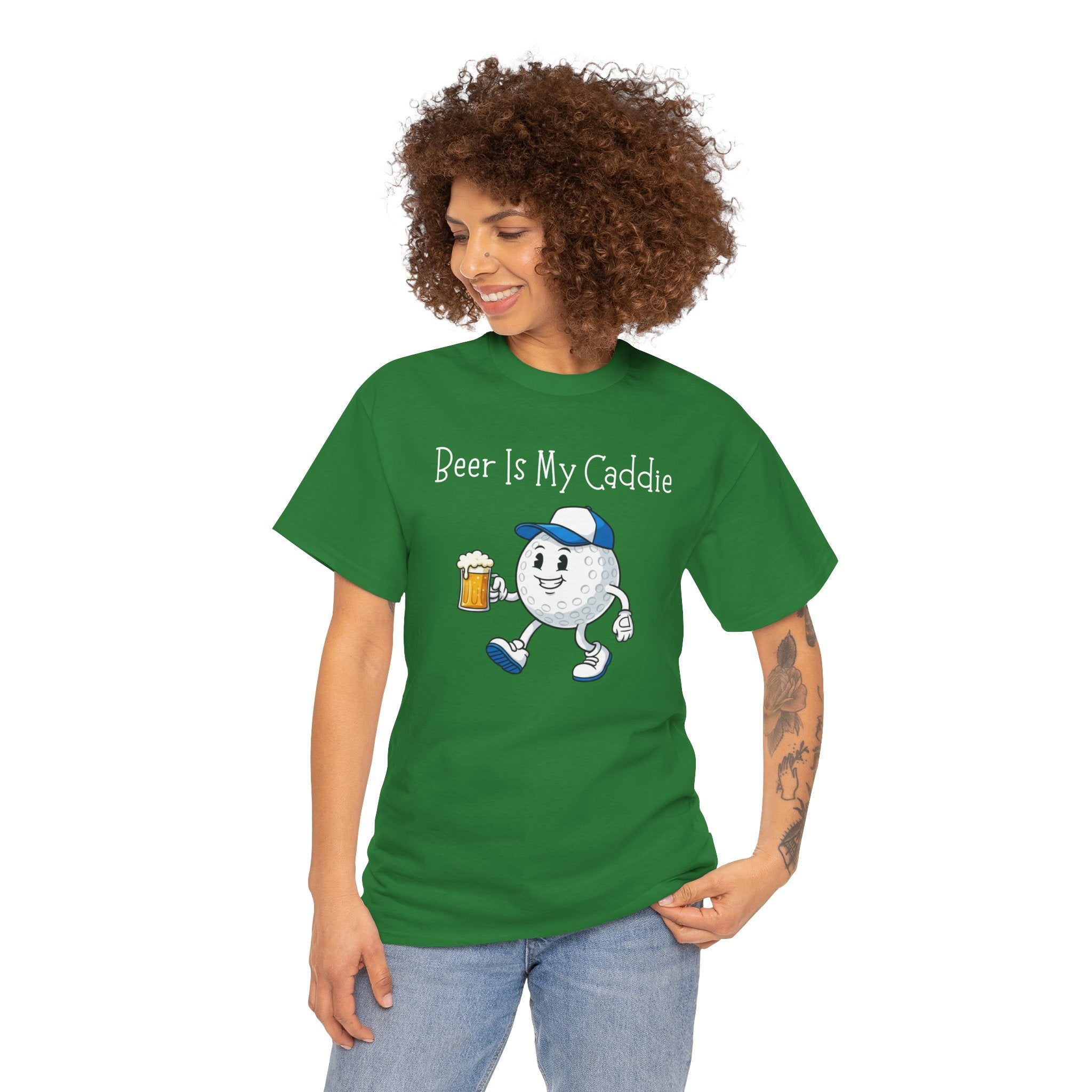Golf Ball Cartoon Tee — "Beer Is My Caddie" Funny Golf Shirt