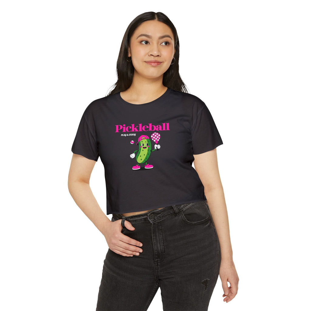 Pickleball Festival Crop Top — Cute Pickle Character Graphic Tee for Women