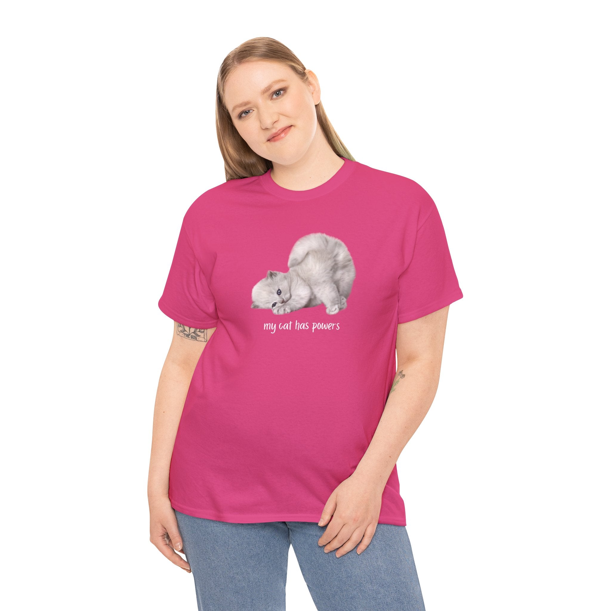Cat T-Shirt – "My Cat Has Powers" Cute Stretching Cat Graphic Tee