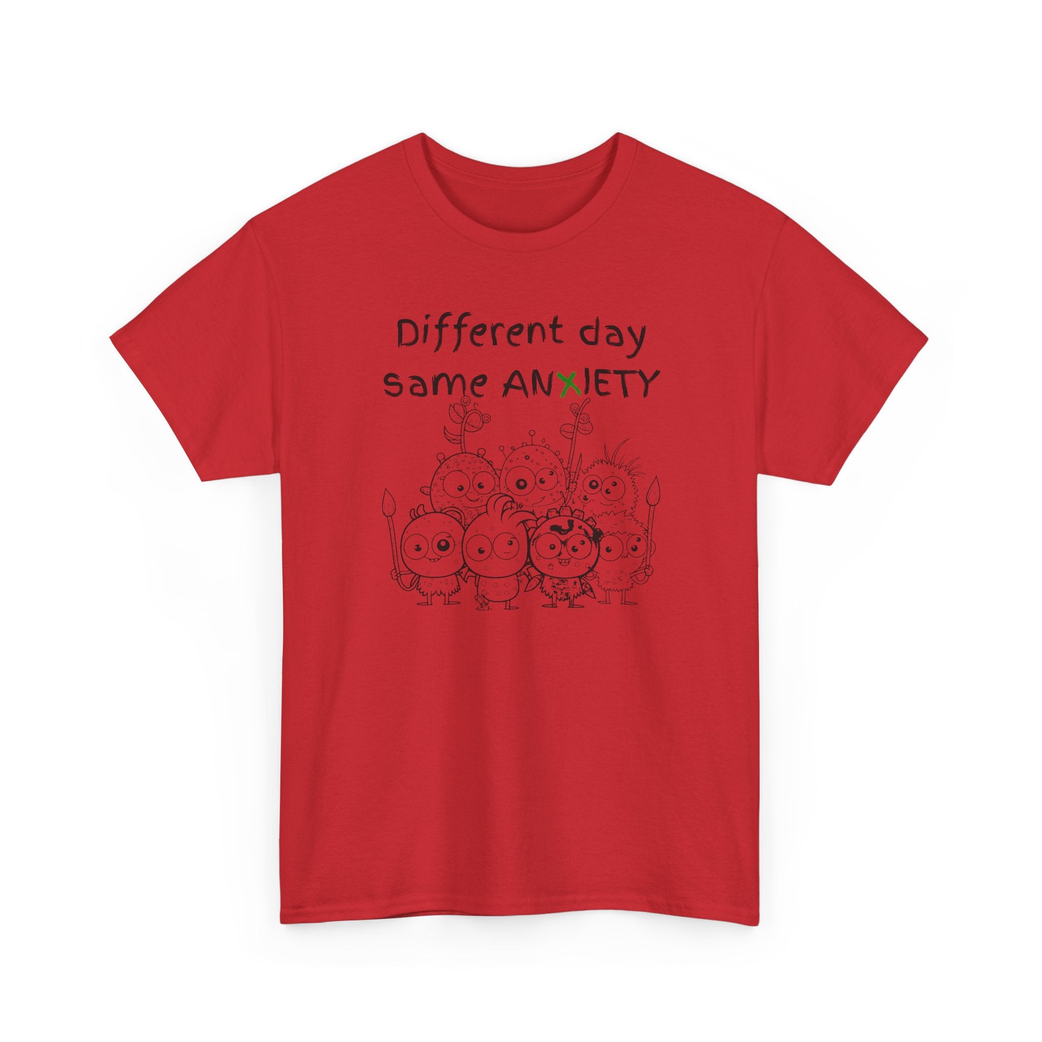 Anxiety Cartoon Tee — "Different day same ANXIETY" Mental Health Graphic T-Shirt