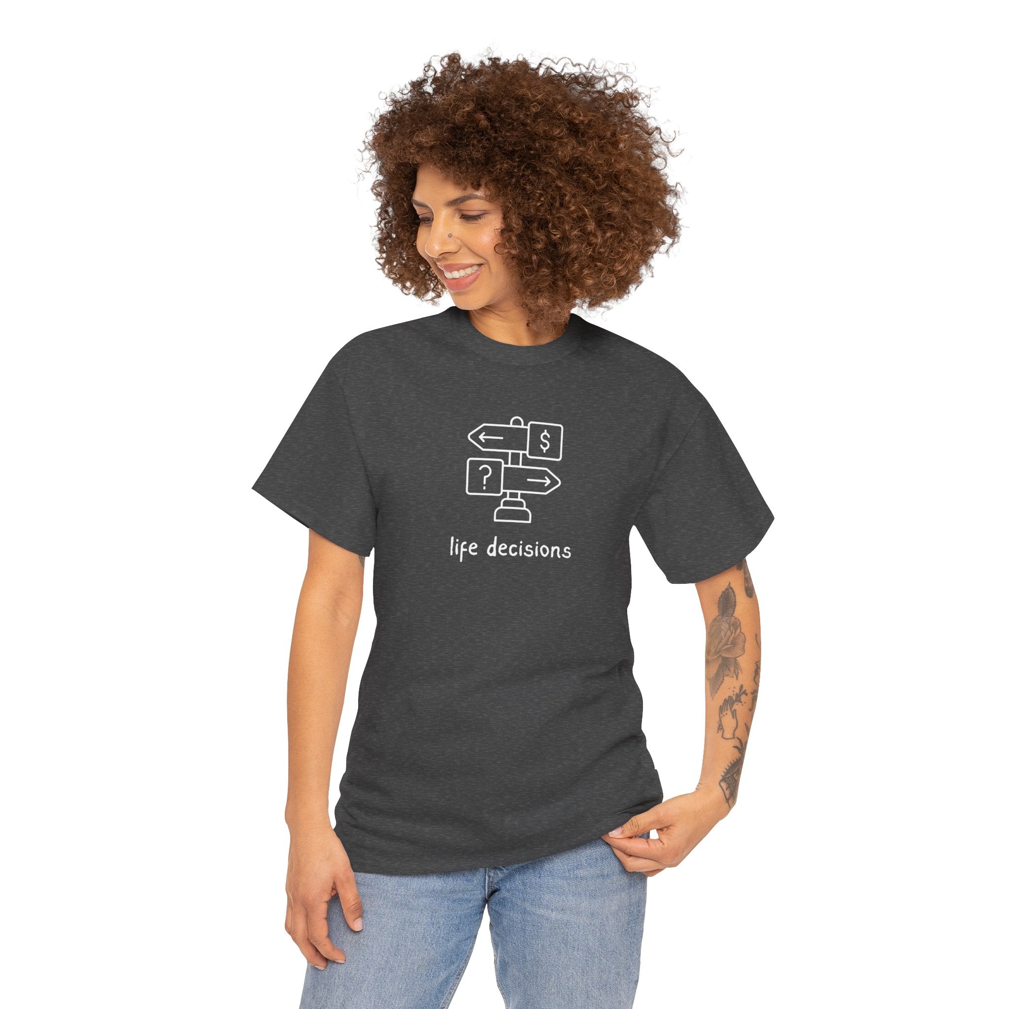 T-Shirt — Minimal "Life Decisions" Signpost Graphic Tee