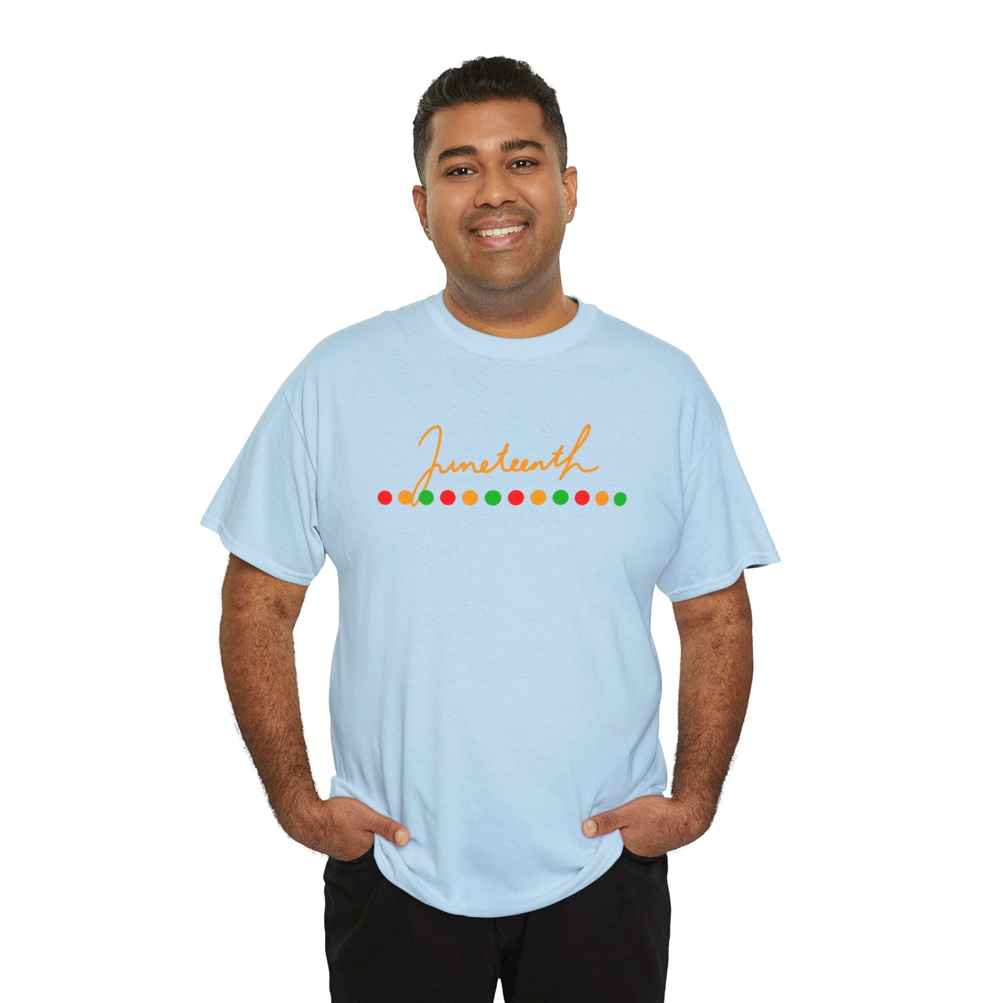 Juneteenth Script Tee — Juneteenth Celebration T-Shirt with Red, Green & Gold Dot Accent