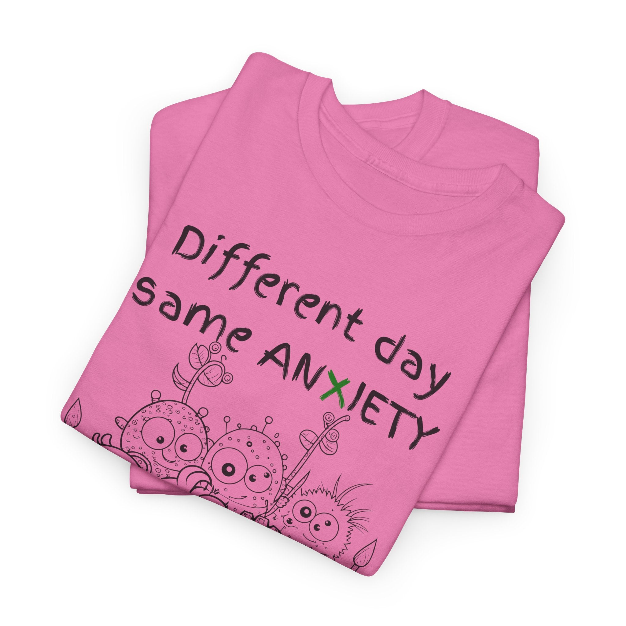 Anxiety Cartoon Tee — "Different day same ANXIETY" Mental Health Graphic T-Shirt