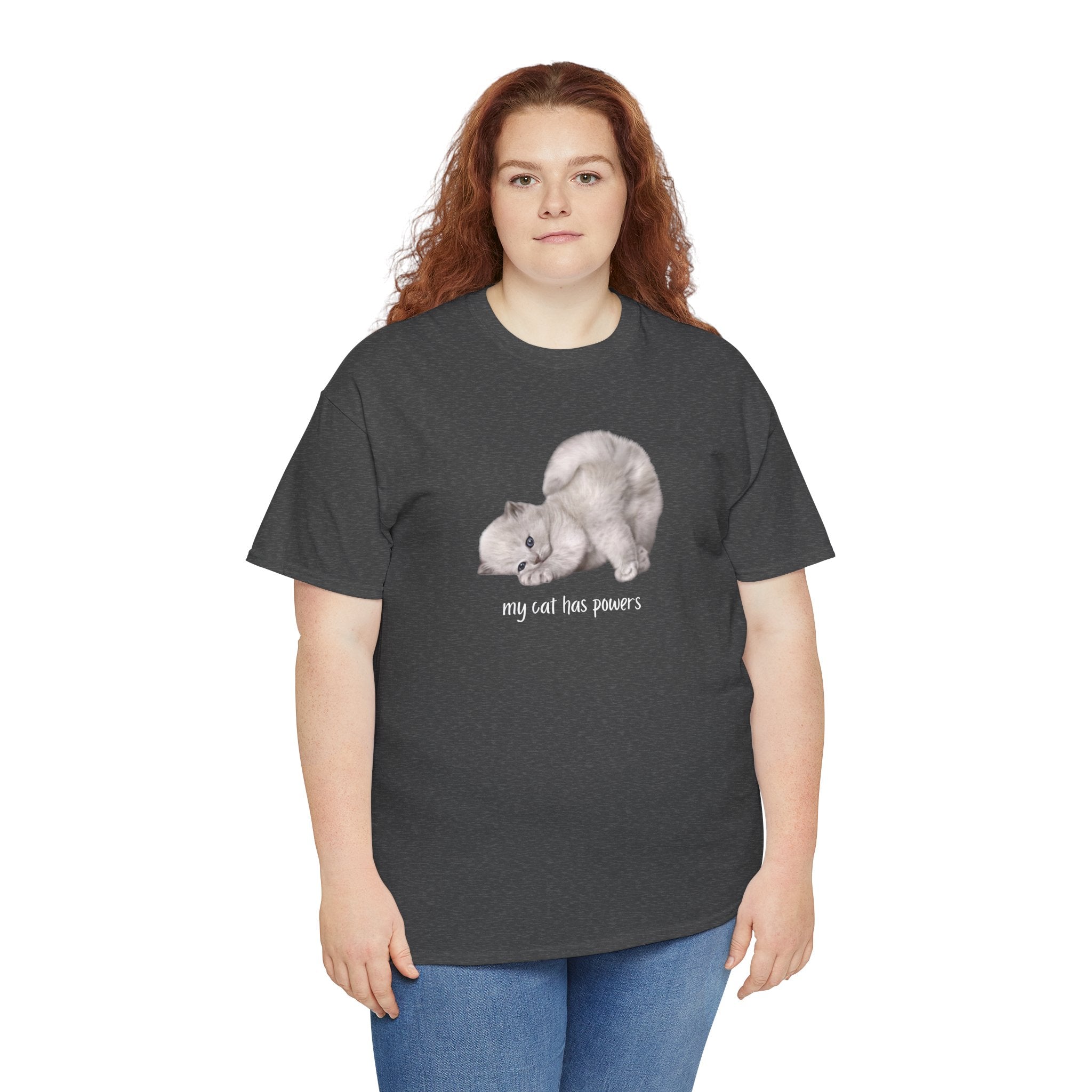 Cat T-Shirt – "My Cat Has Powers" Cute Stretching Cat Graphic Tee