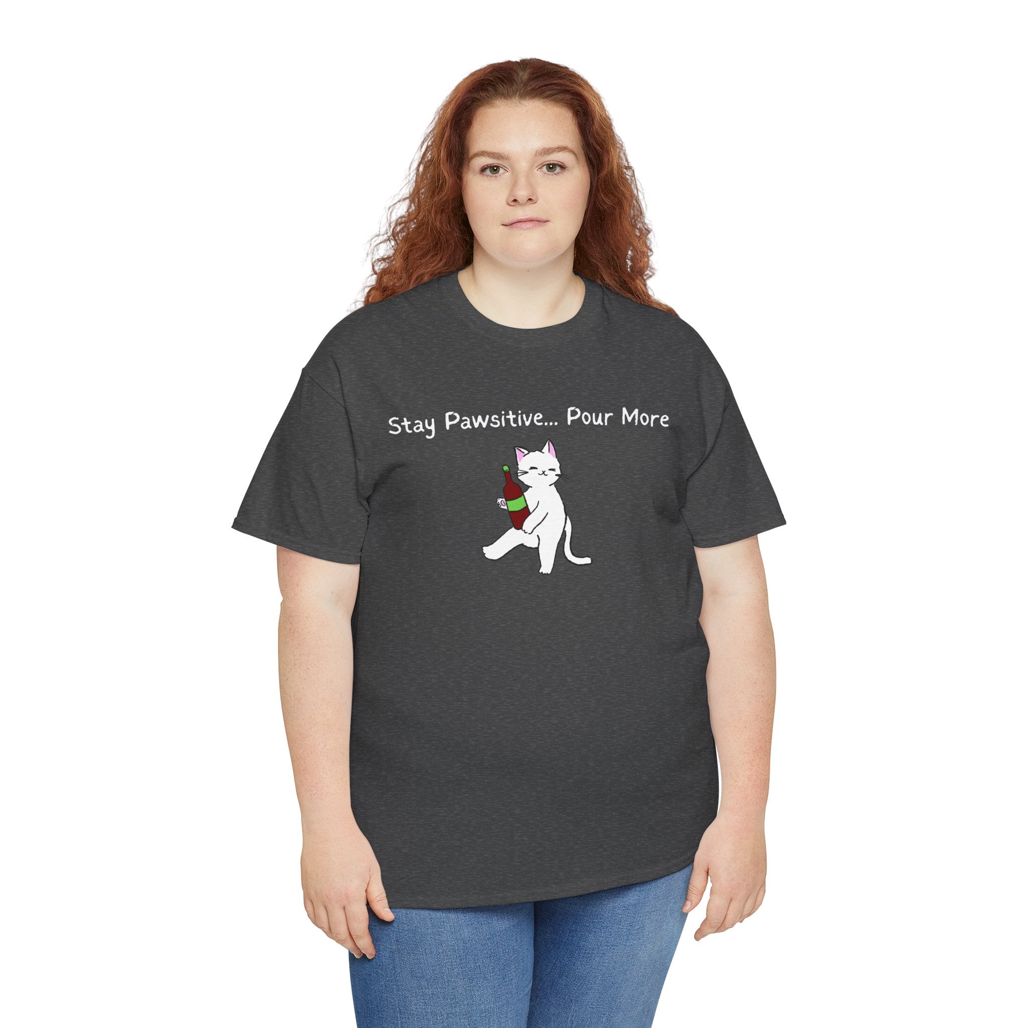 Cat Wine Tee - "Stay Pawsitive Pour More" Funny Cat Drinking T-Shirt