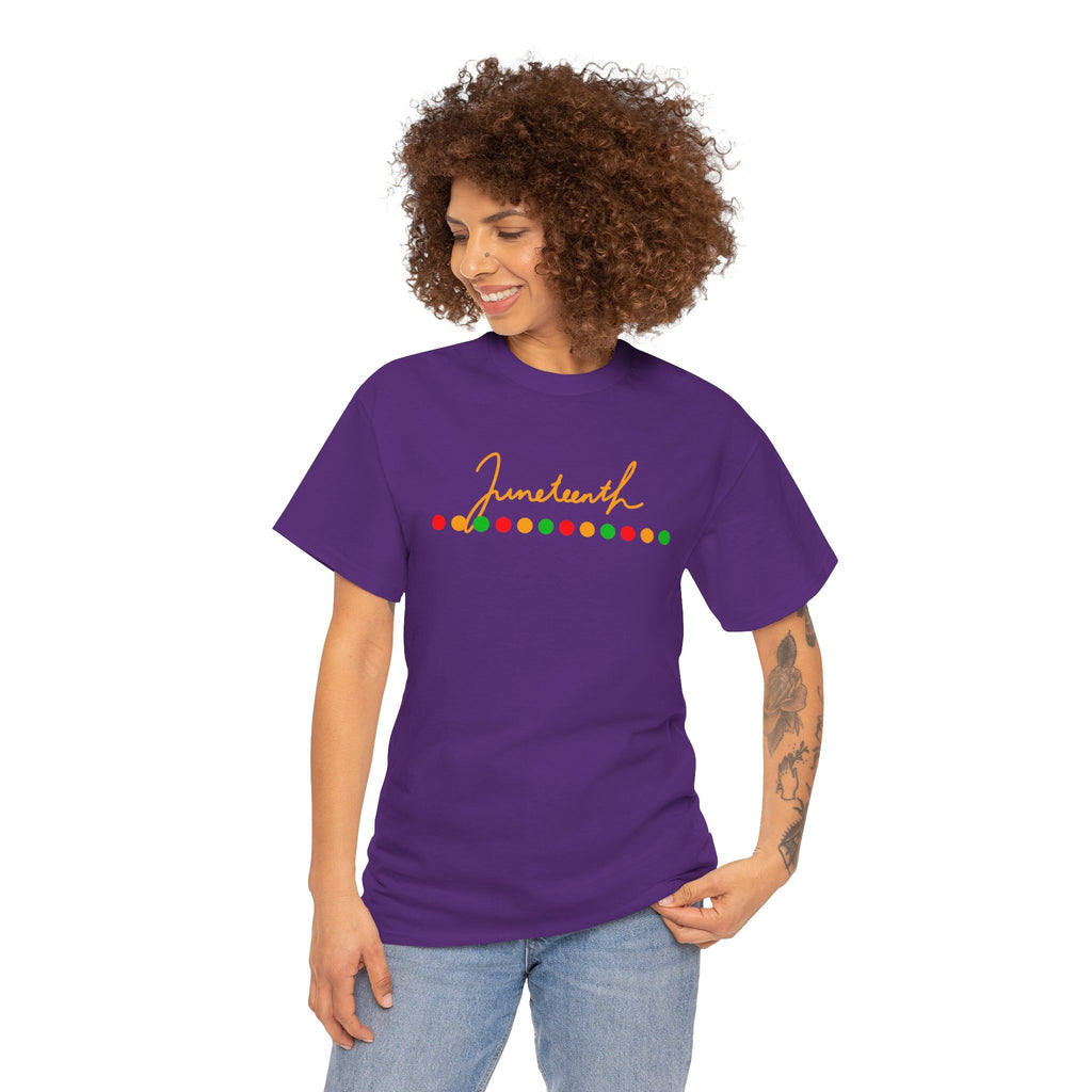 Juneteenth Script Tee — Juneteenth Celebration T-Shirt with Red, Green & Gold Dot Accent