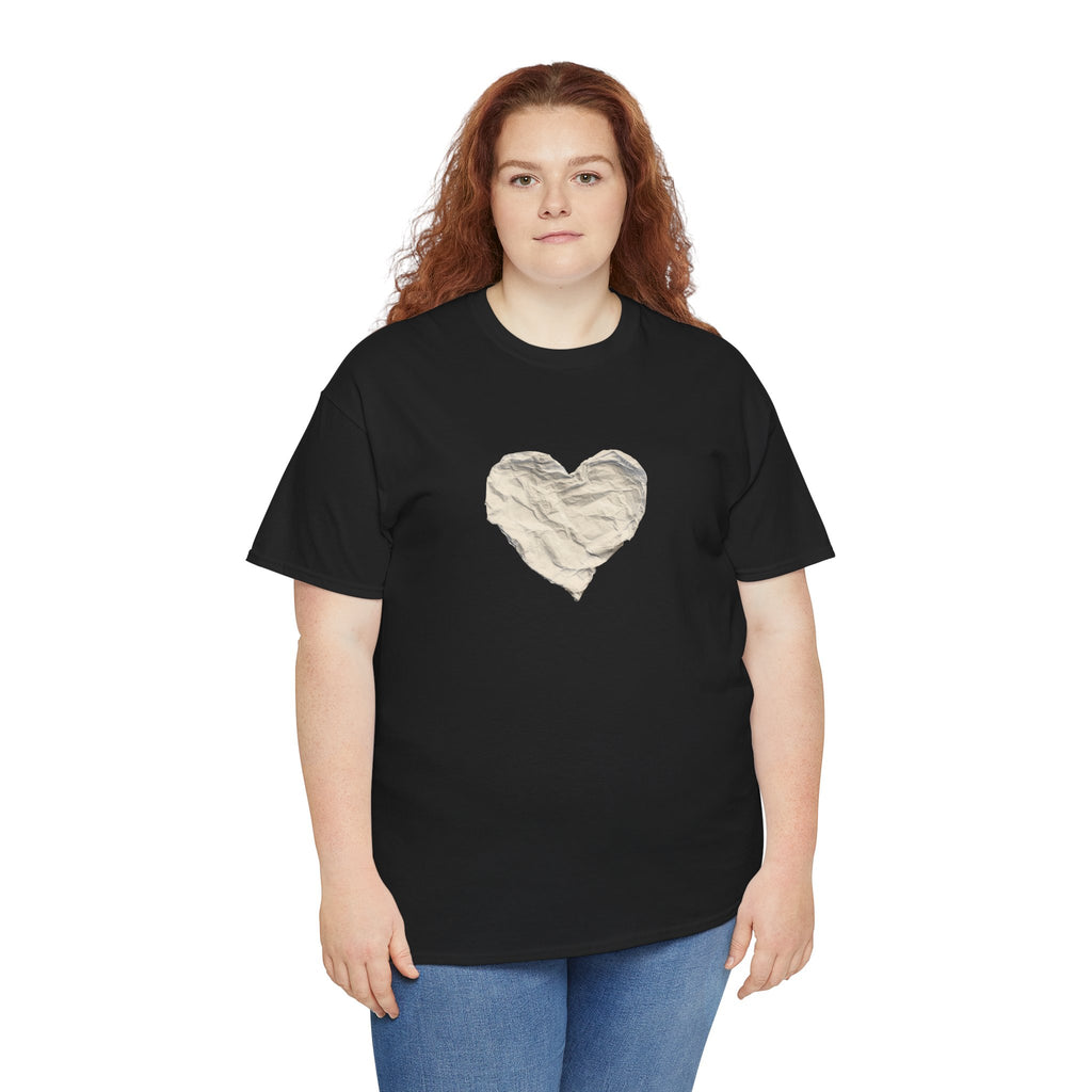 Crinkled Paper Heart Tee - Minimalist White Cotton Shirt