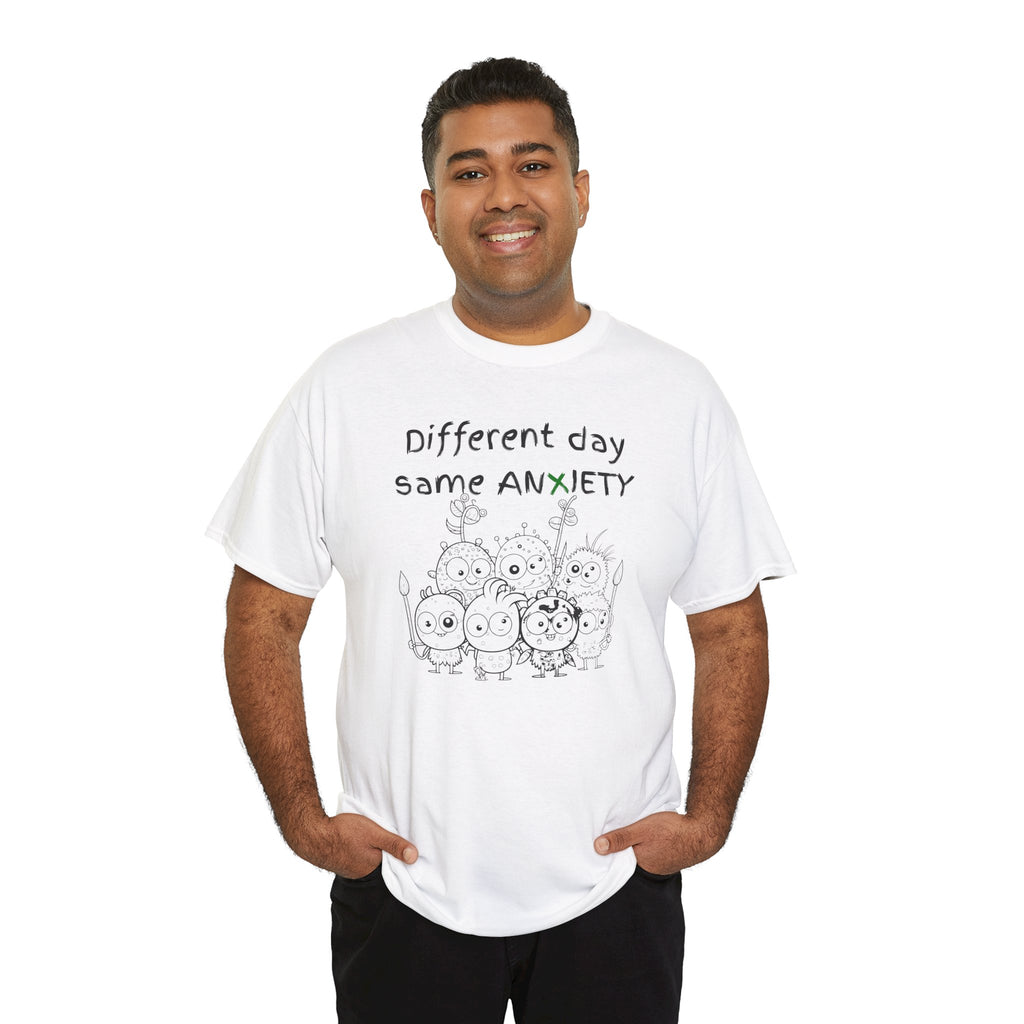 Anxiety Cartoon Tee — "Different day same ANXIETY" Mental Health Graphic T-Shirt