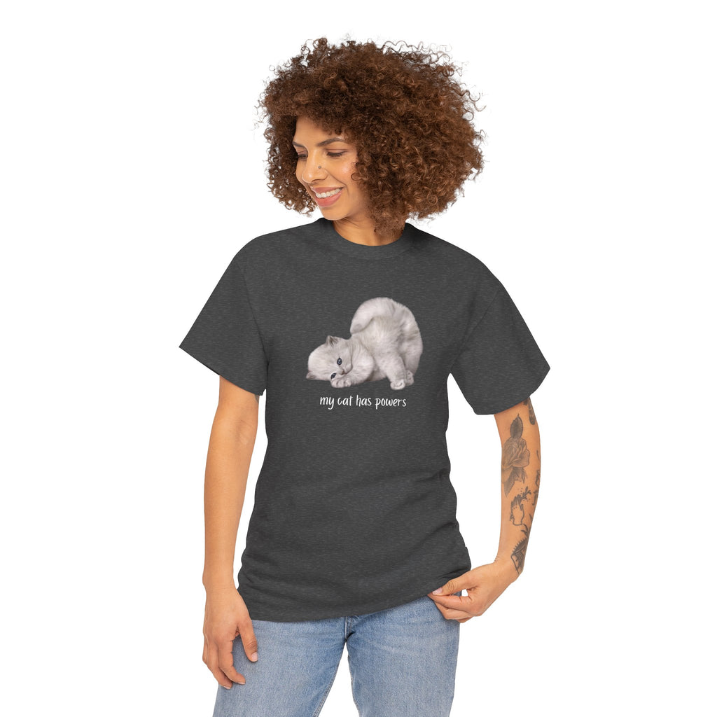 Cat T-Shirt – "My Cat Has Powers" Cute Stretching Cat Graphic Tee