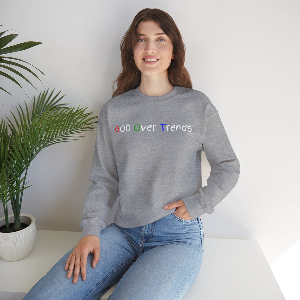 Crewneck Sweatshirt — "GOD over Trends" Colorful Faith Graphic