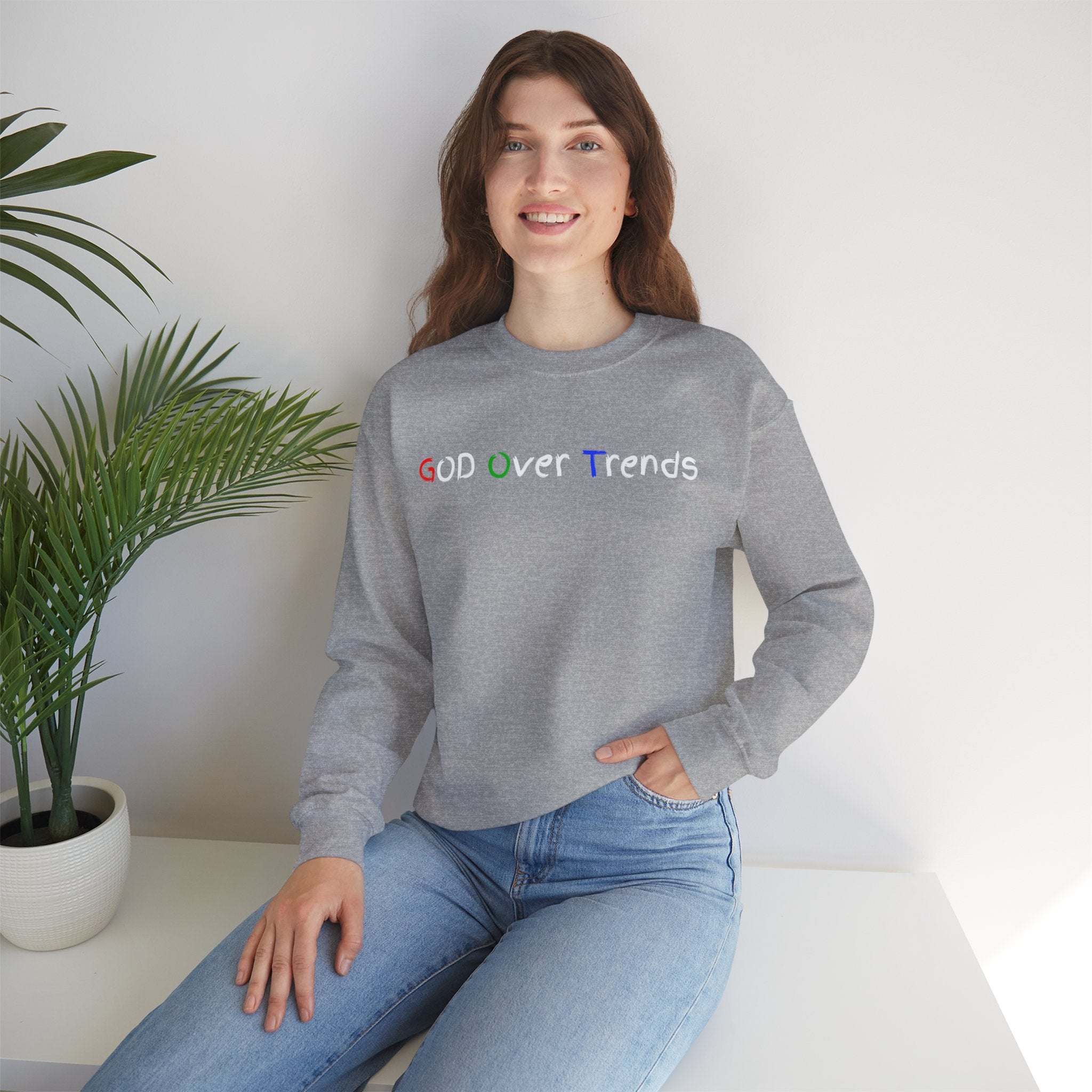 Crewneck Sweatshirt — "GOD over Trends" Colorful Faith Graphic