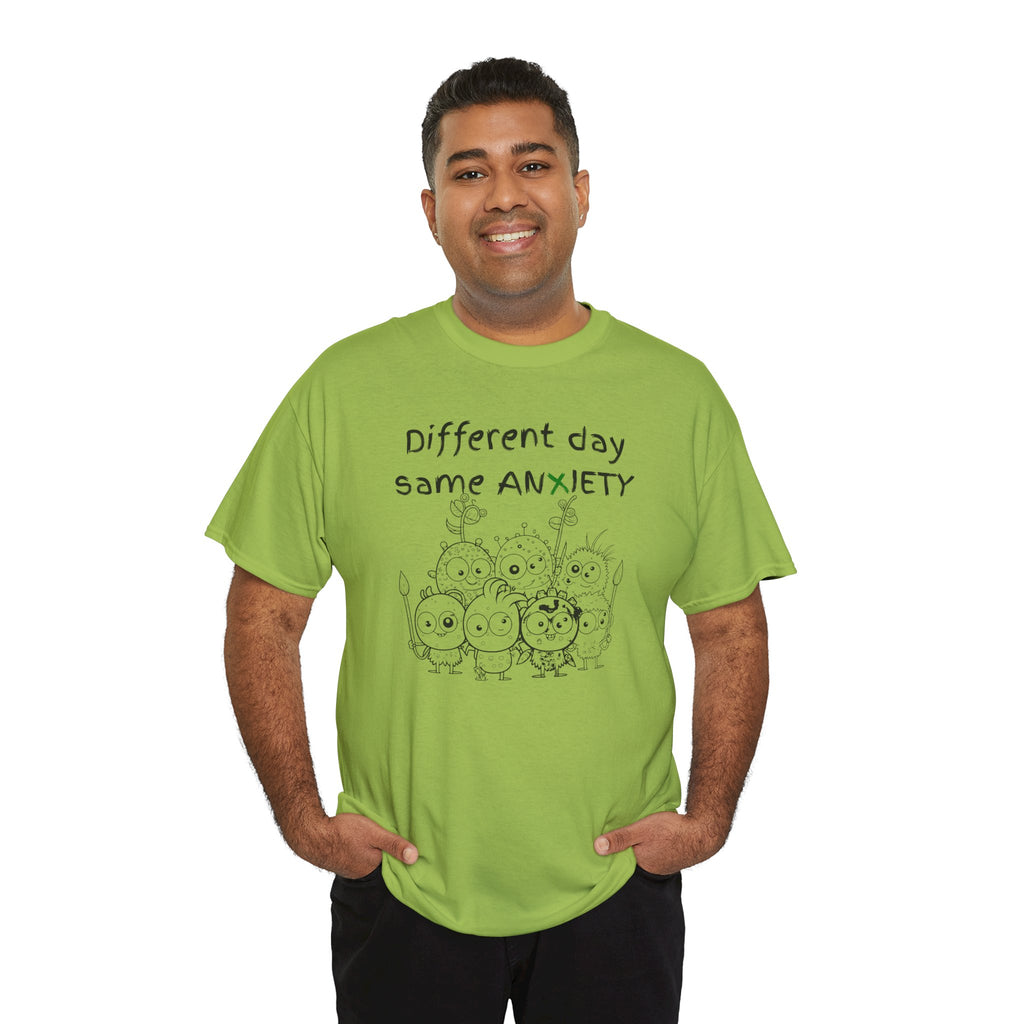 Anxiety Cartoon Tee — "Different day same ANXIETY" Mental Health Graphic T-Shirt