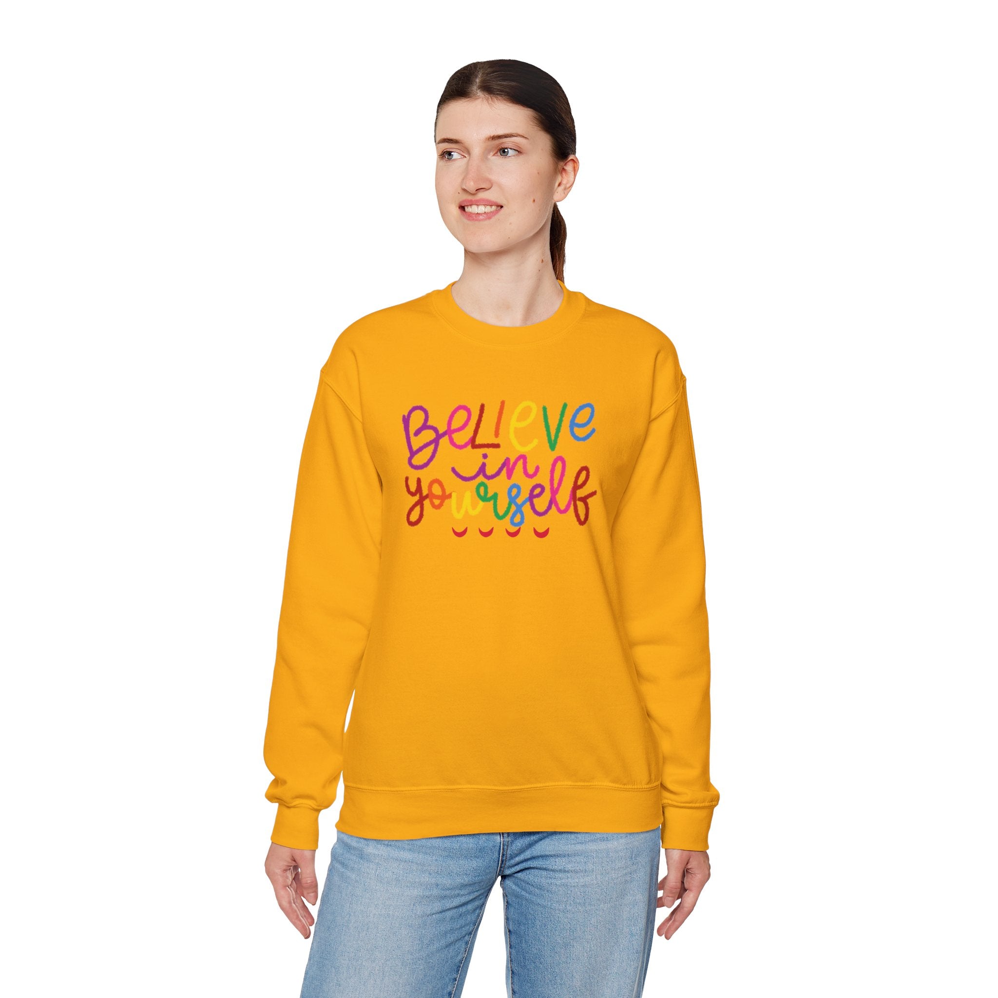 Believe in Yourself Crewneck Sweatshirt — Rainbow Inspirational Graphic