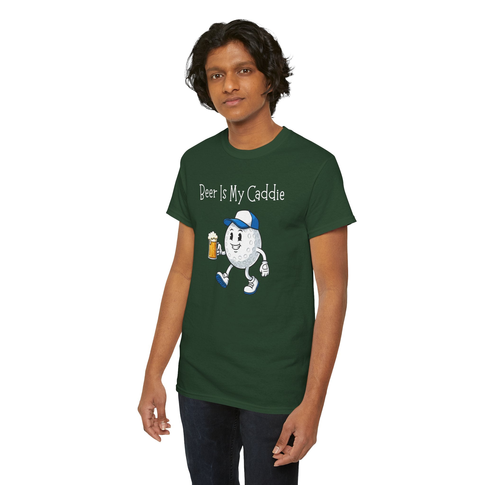 Golf Ball Cartoon Tee — "Beer Is My Caddie" Funny Golf Shirt
