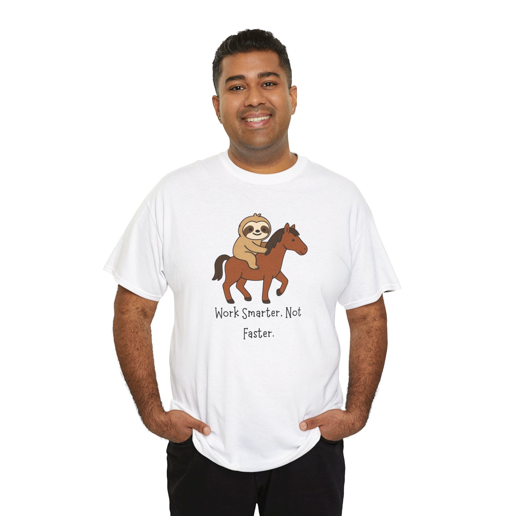 Sloth on Horse Tee — "Work Smarter, Not Faster" Cute Casual Graphic T-Shirt