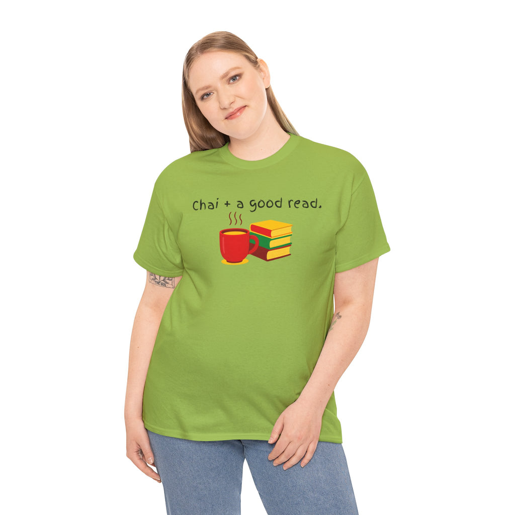 Chai + A Good Read T-Shirt — Tea & Books Graphic Tee for Book Lovers