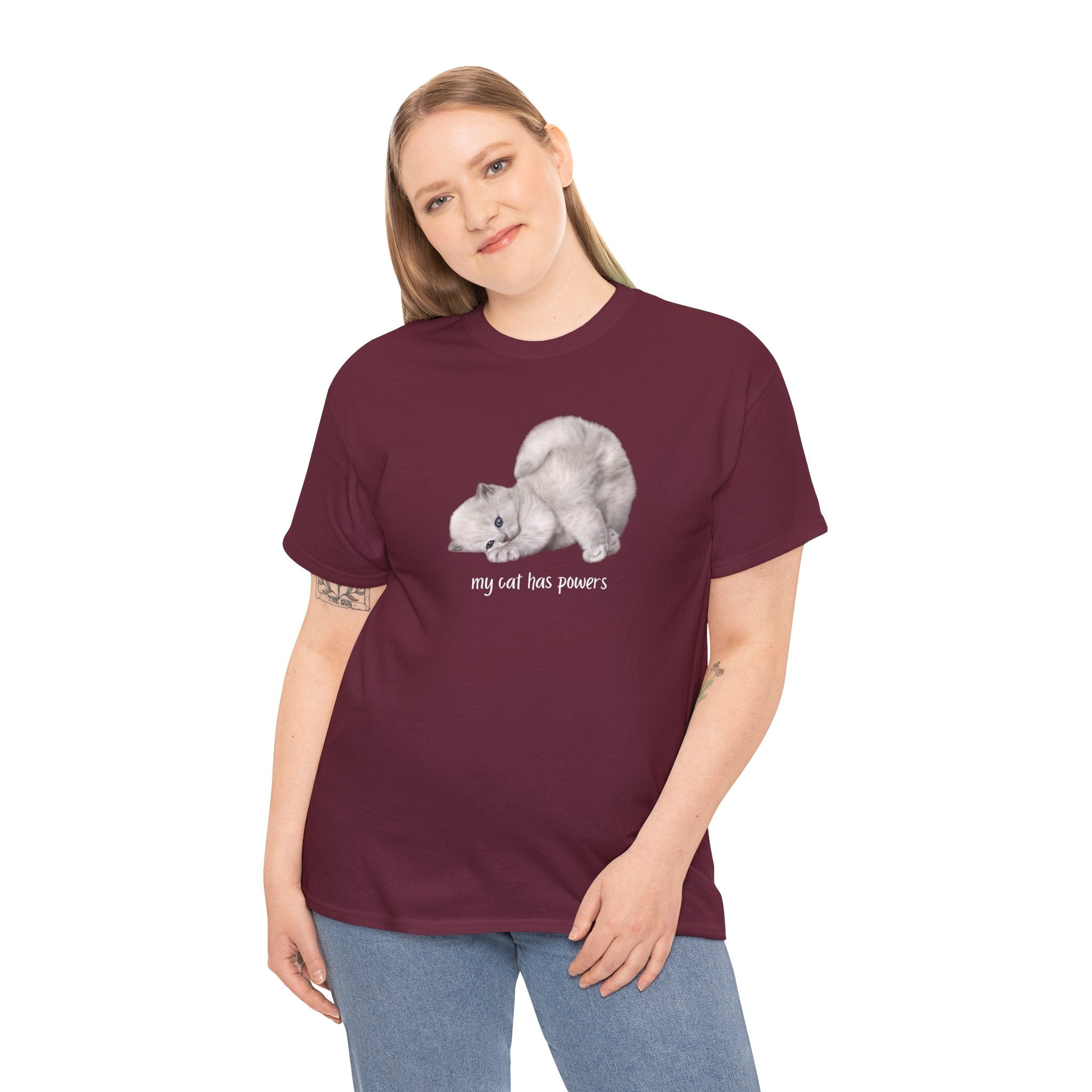 Cat T-Shirt – "My Cat Has Powers" Cute Stretching Cat Graphic Tee