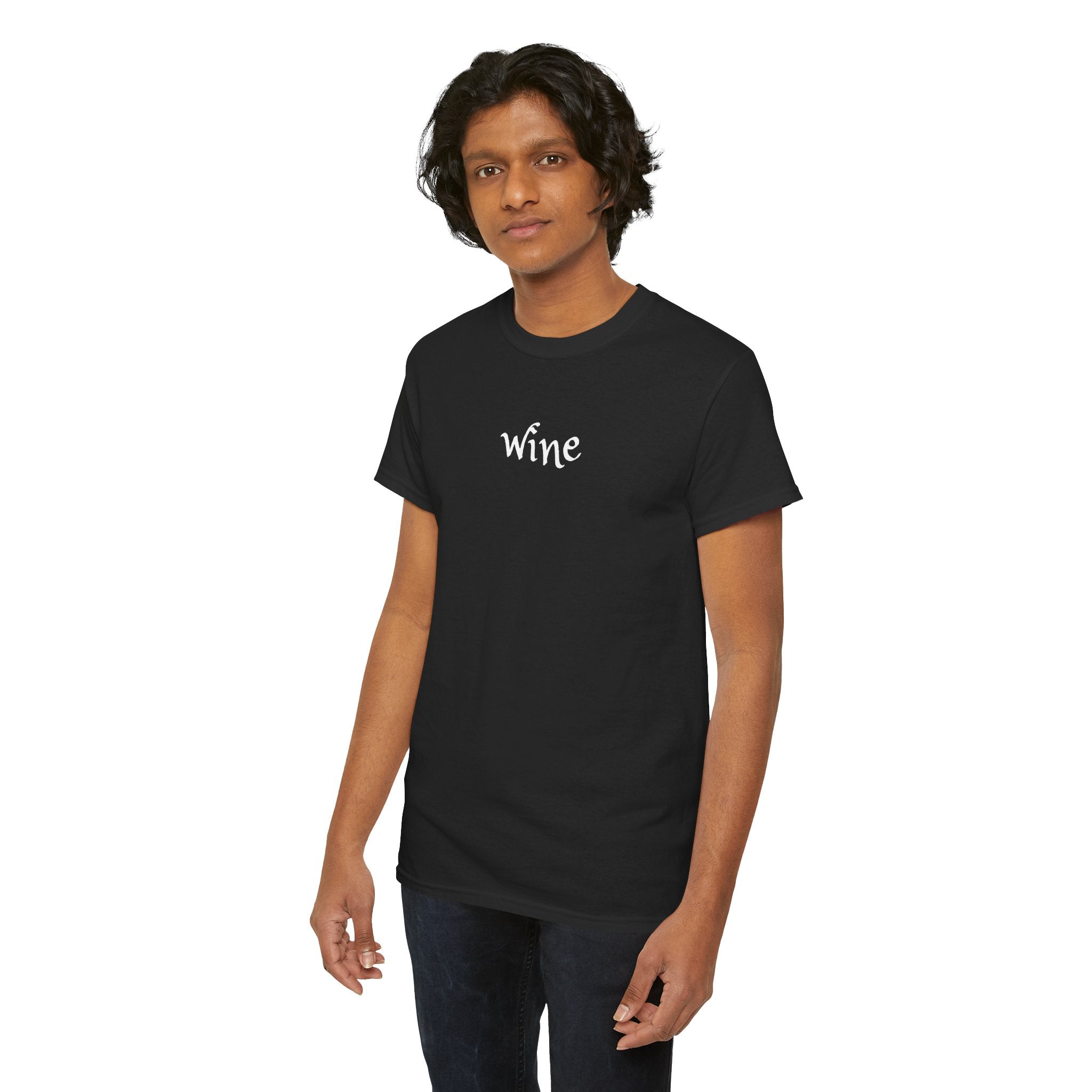Wine Graphic Tee — Minimalist Small Chest 'wine' Text T‑Shirt