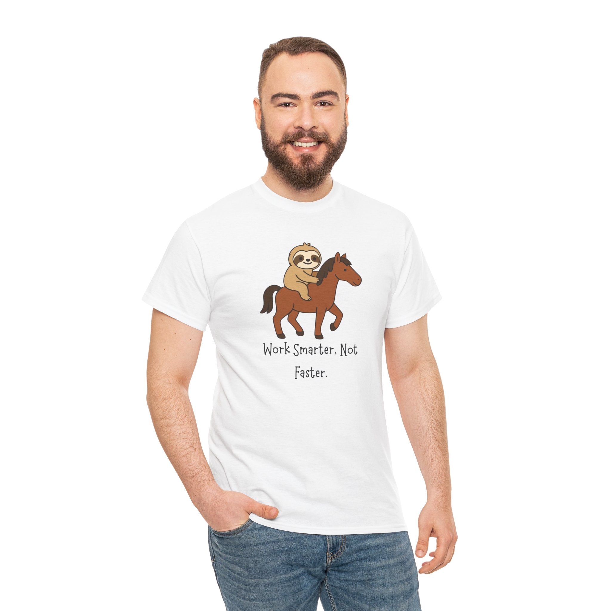 Sloth on Horse Tee — "Work Smarter, Not Faster" Cute Casual Graphic T-Shirt