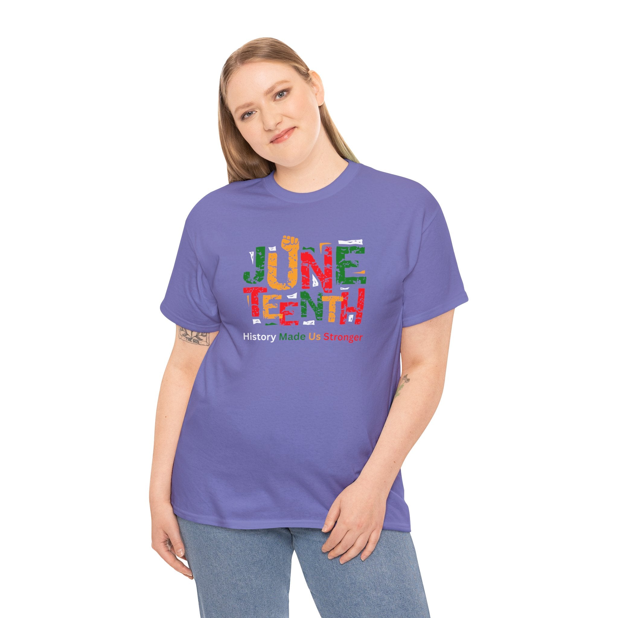 Juneteenth Celebration T-Shirt — "Made Us Stronger" Floral Block Letter Tee