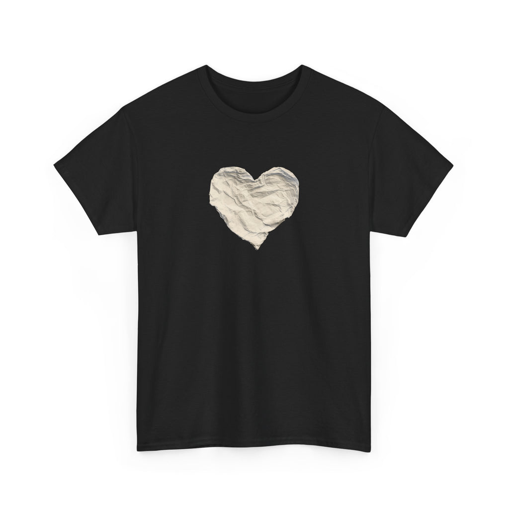 Crinkled Paper Heart Tee - Minimalist White Cotton Shirt