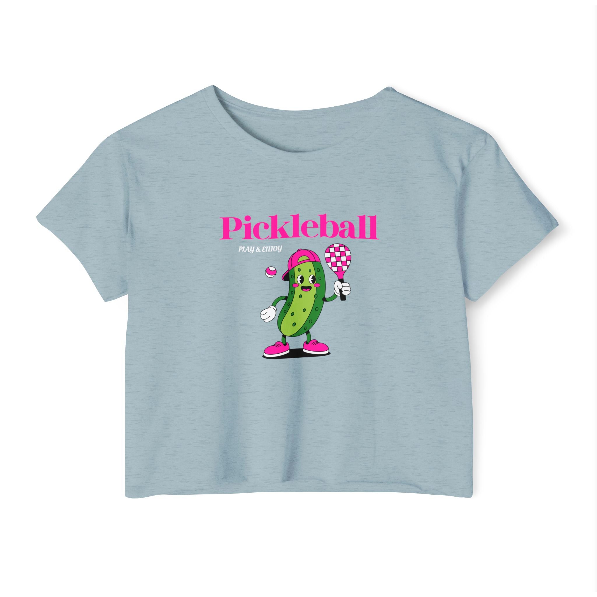 Pickleball Festival Crop Top — Cute Pickle Character Graphic Tee for Women