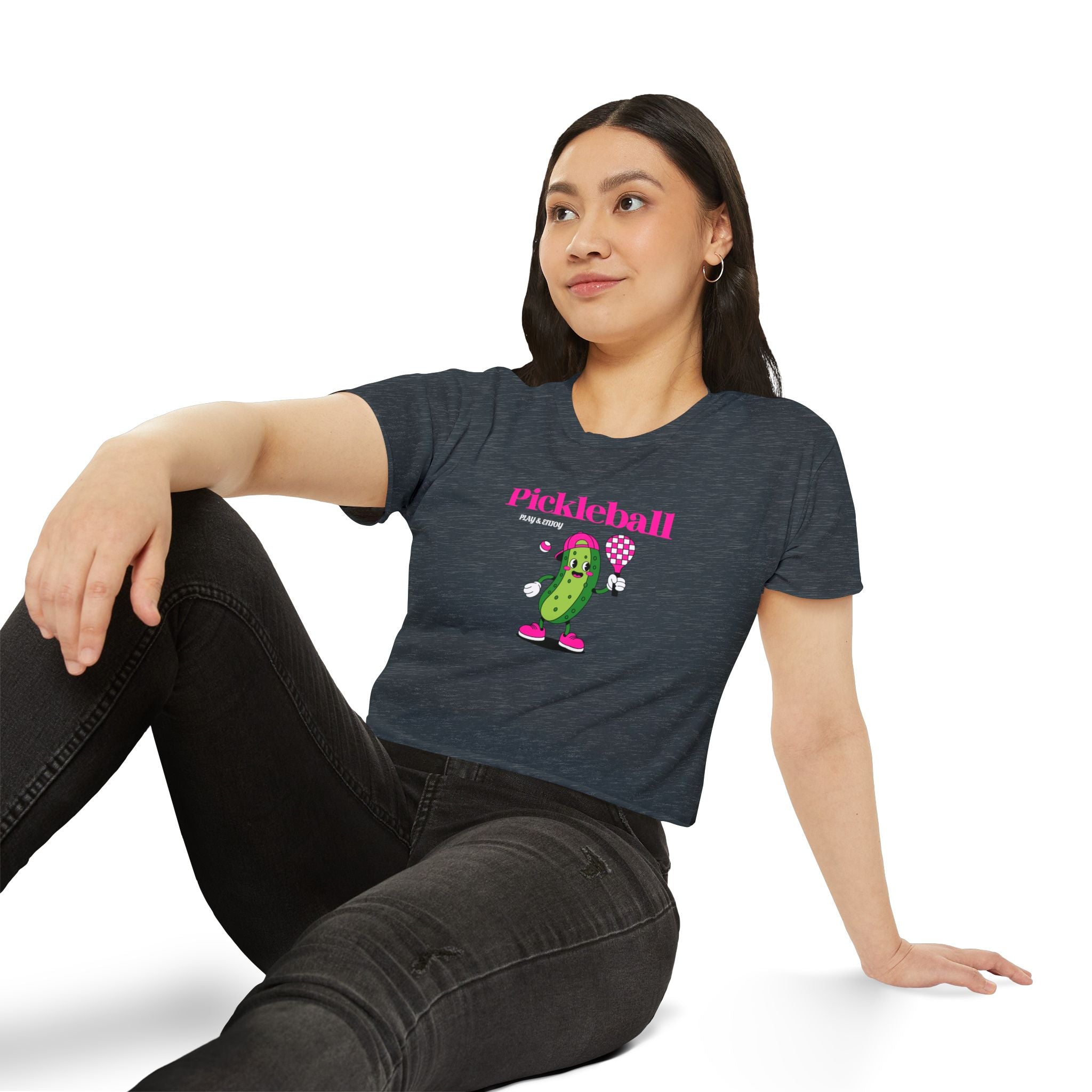 Pickleball Festival Crop Top — Cute Pickle Character Graphic Tee for Women