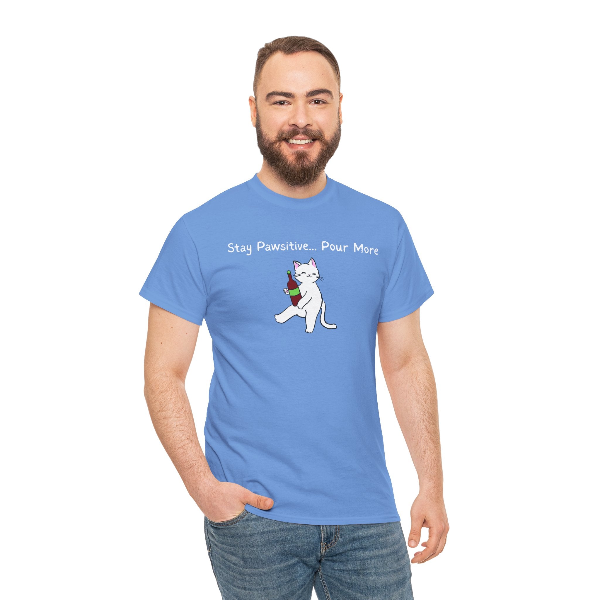 Cat Wine Tee - "Stay Pawsitive Pour More" Funny Cat Drinking T-Shirt