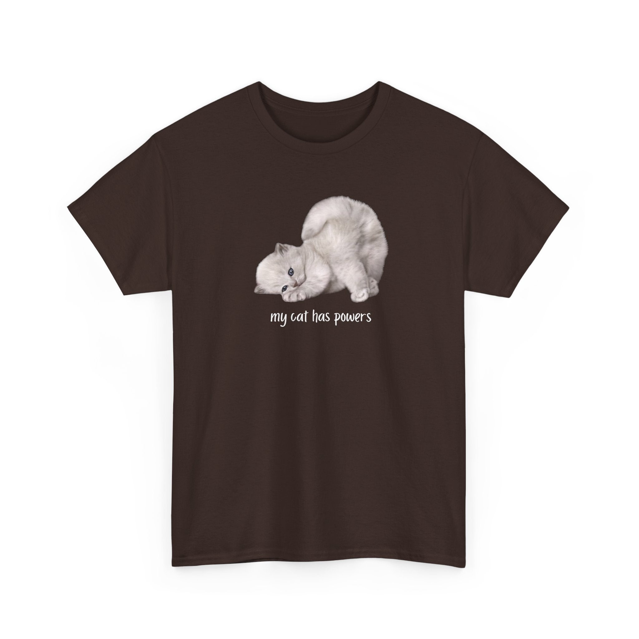 Cat T-Shirt – "My Cat Has Powers" Cute Stretching Cat Graphic Tee