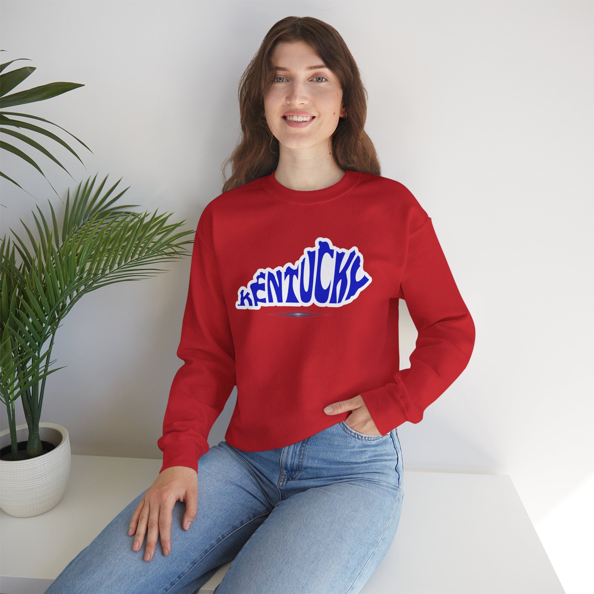 Kentucky State Outline Crewneck Sweatshirt — Blue 'Kentucky' Typography