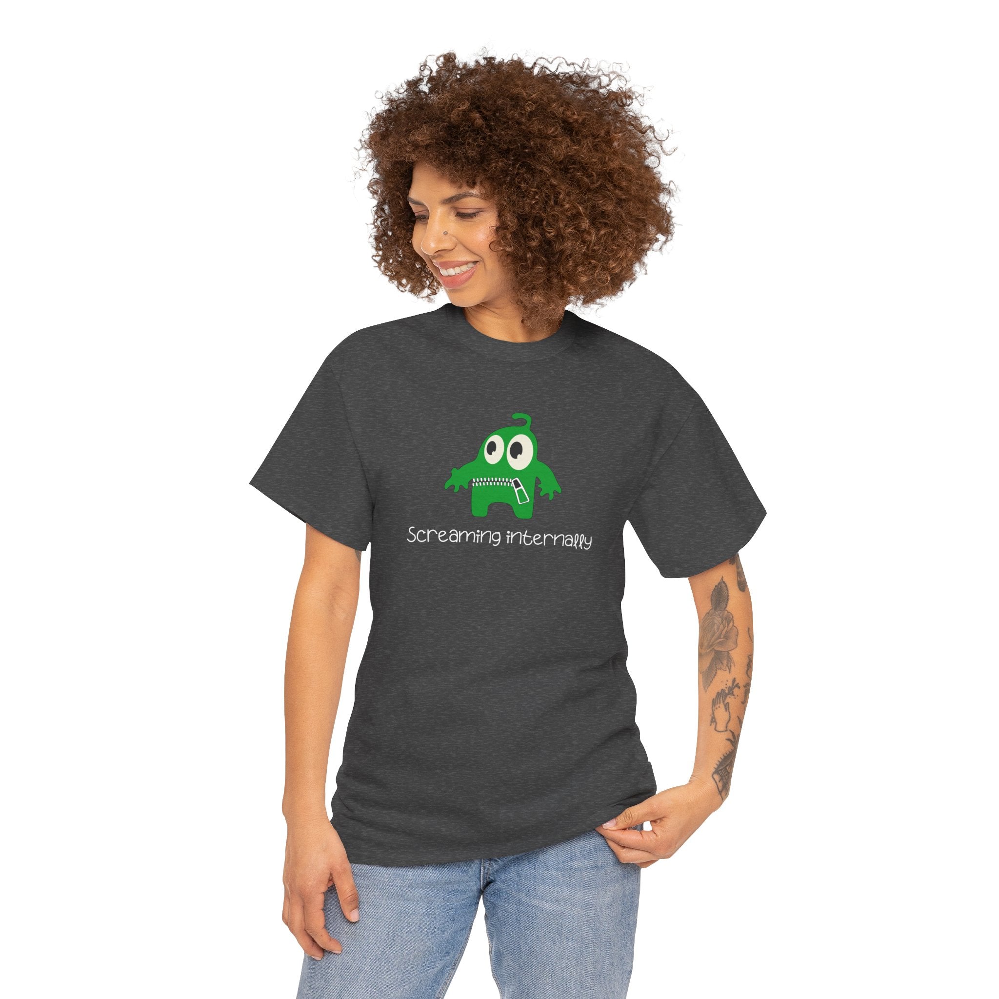 Screaming Internally Tee — Cute Green Monster Graphic Shirt