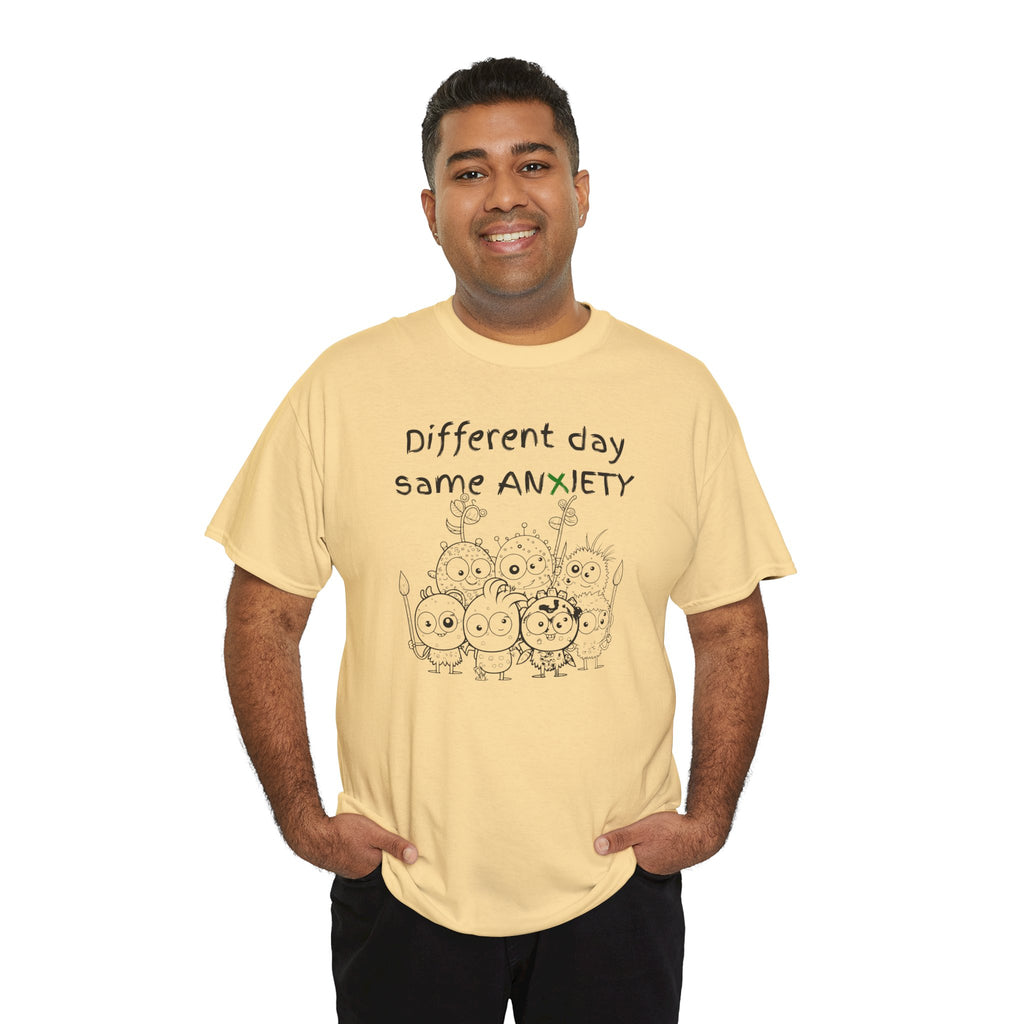 Anxiety Cartoon Tee — "Different day same ANXIETY" Mental Health Graphic T-Shirt