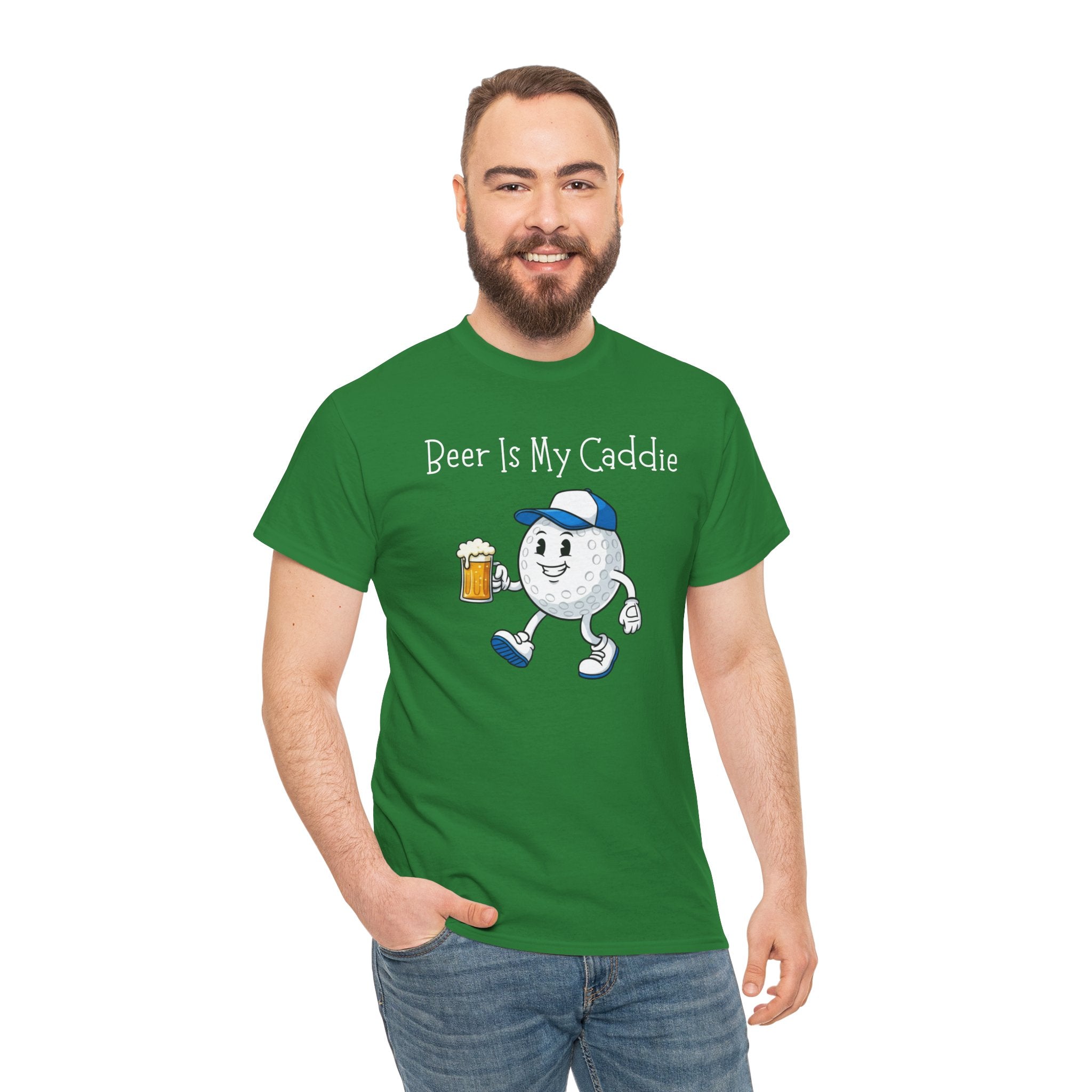 Golf Ball Cartoon Tee — "Beer Is My Caddie" Funny Golf Shirt