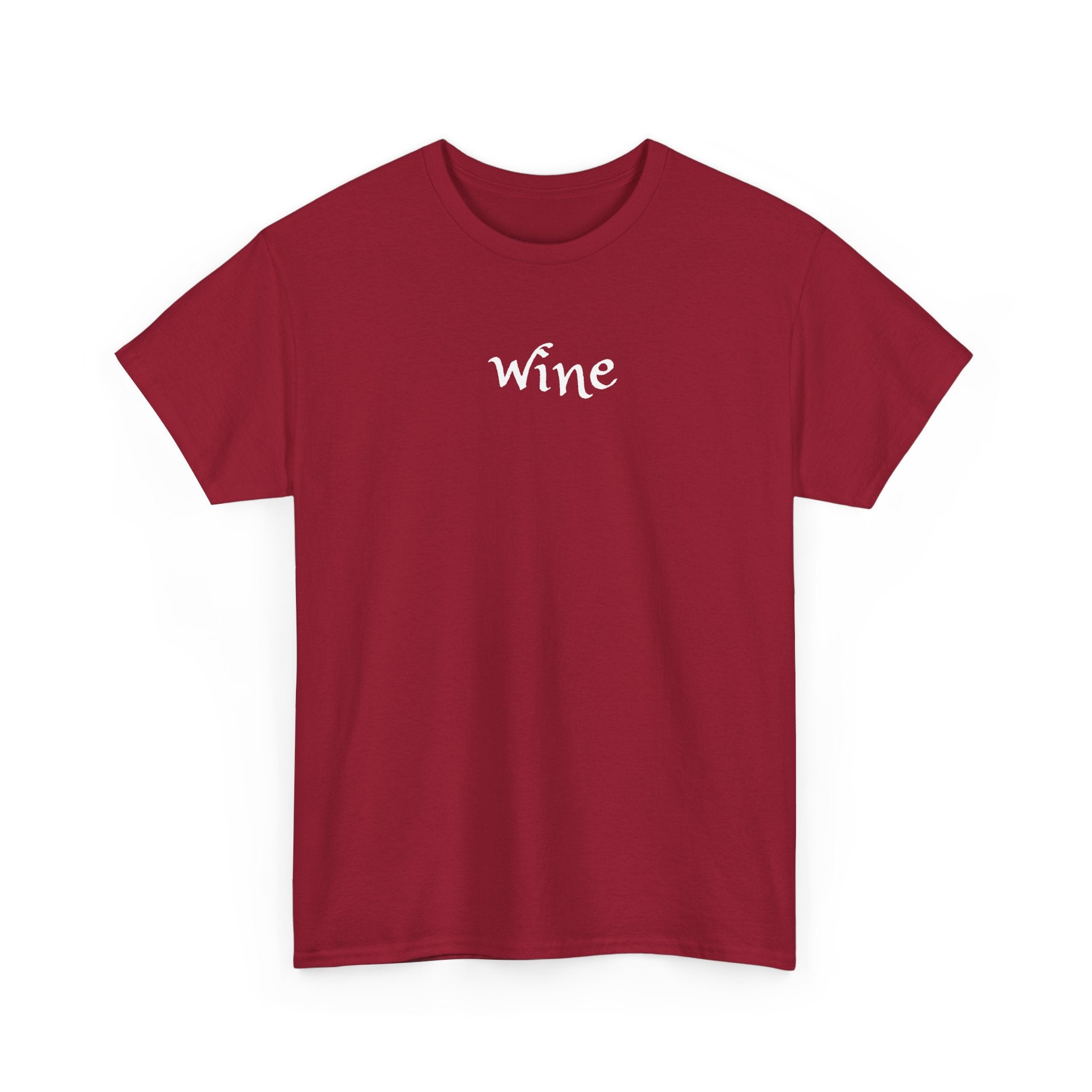 Wine Graphic Tee — Minimalist Small Chest 'wine' Text T‑Shirt