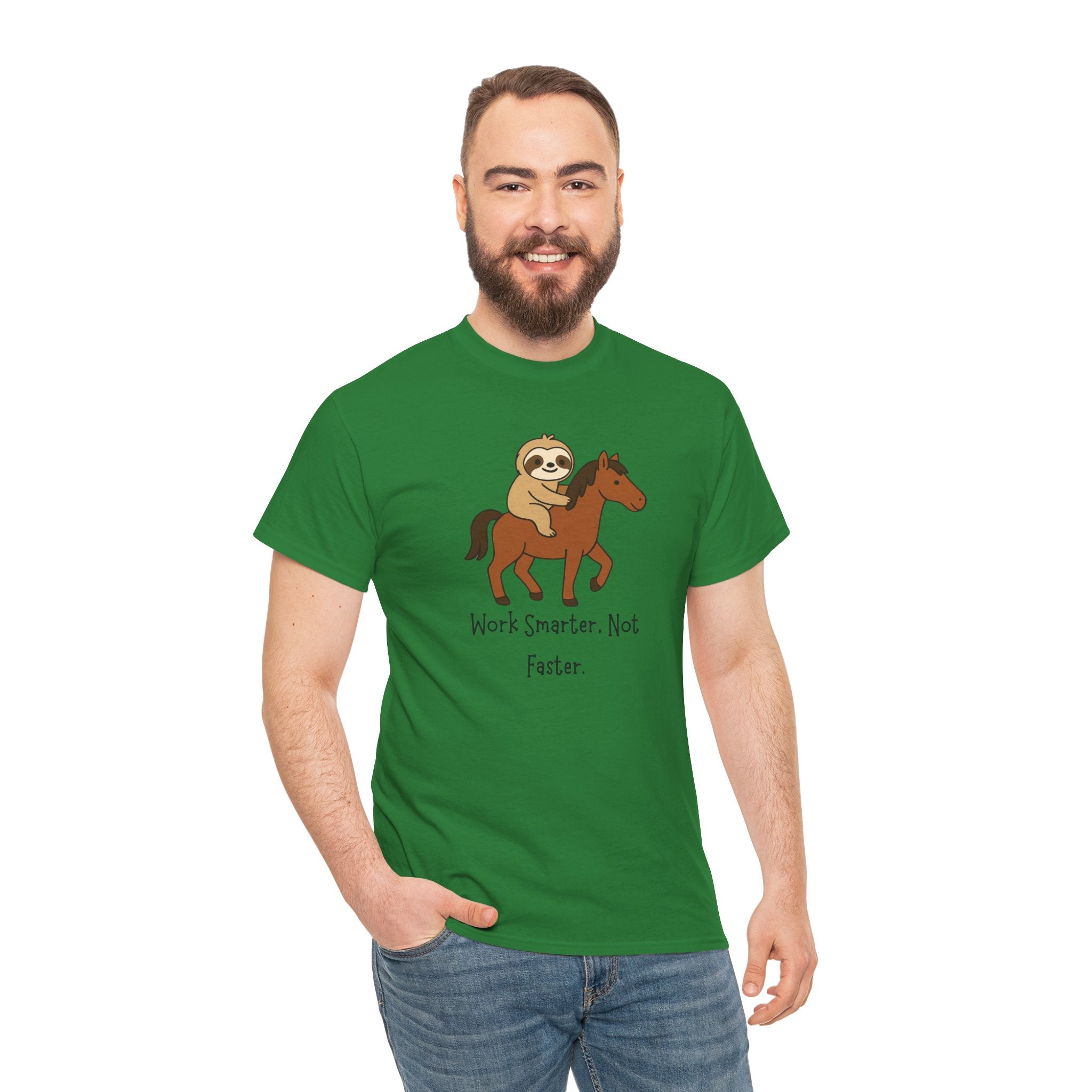 Sloth on Horse Tee — "Work Smarter, Not Faster" Cute Casual Graphic T-Shirt